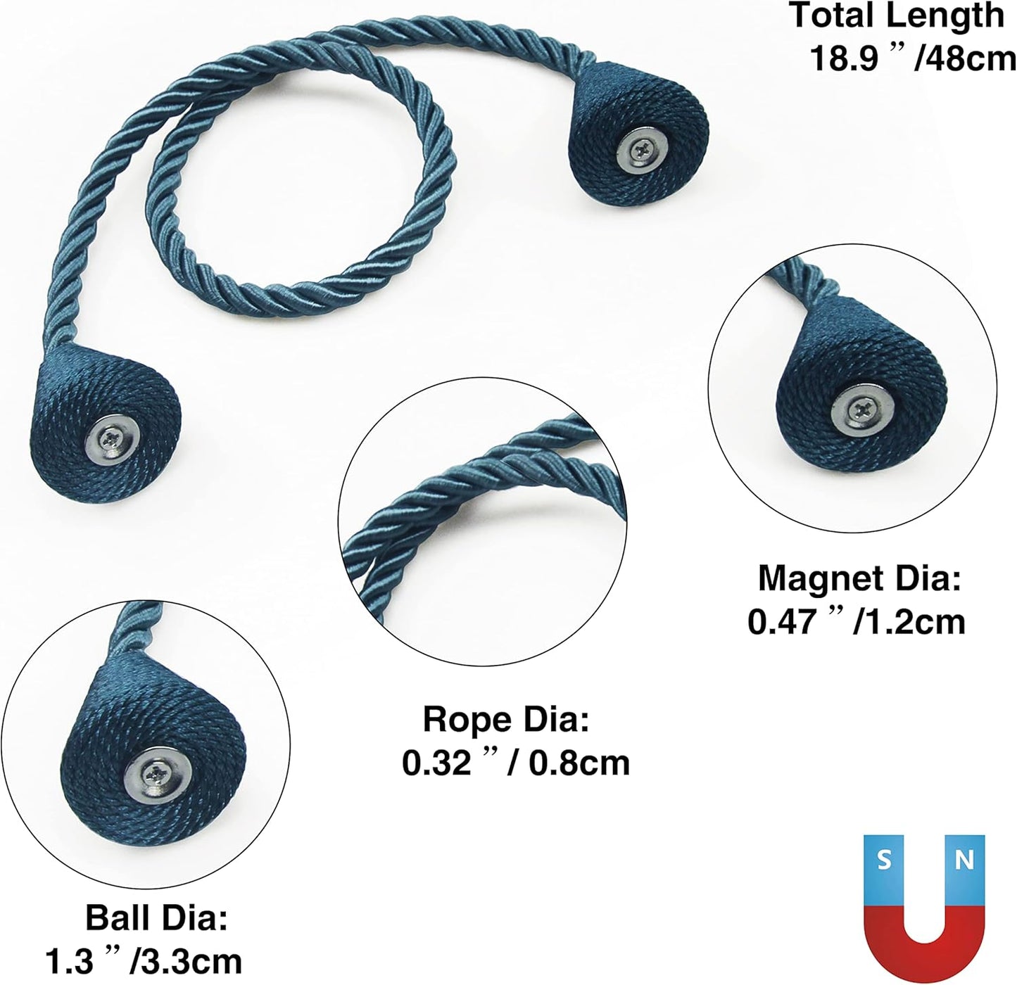 4 Pack Magnetic Curtain Tiebacks Rope Modern Handmade Curtain Tie Backs Decorative Drapes Weave Holdbacks for Window Décor, Blue