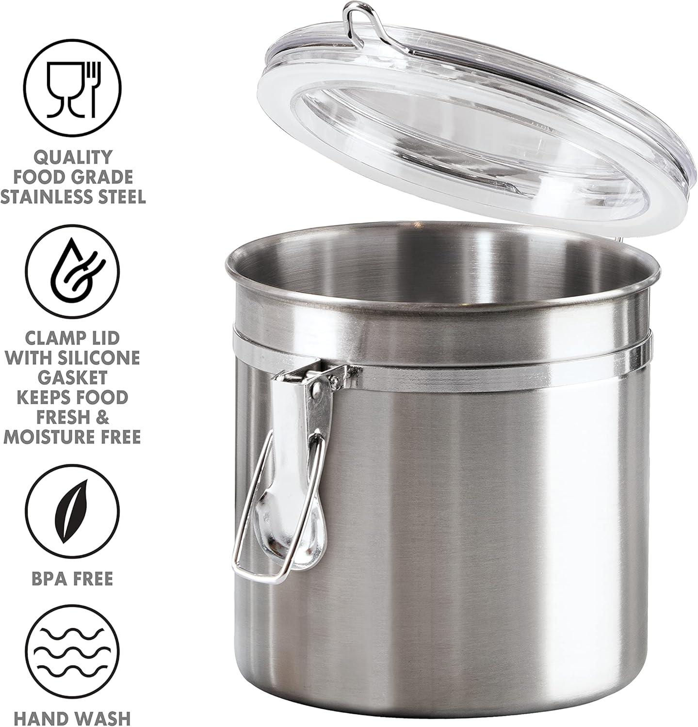 Oggi 36-Ounce Stainless Steel Canister with Clear Acrylic Lid and Locking Clamp