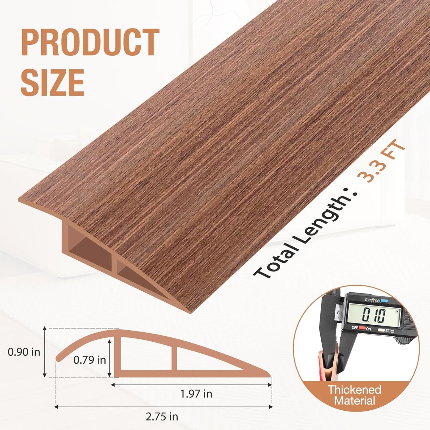 Floor Transition Strip Self Adhesive Vinyl Door Threshold for Doorways Carpet Edging Trim Overlap Edge Reducer for Laminate Floor, Carpet, Tile (Light Brown Wood Grain, 3/5" to 4/5", 3.3Ft)