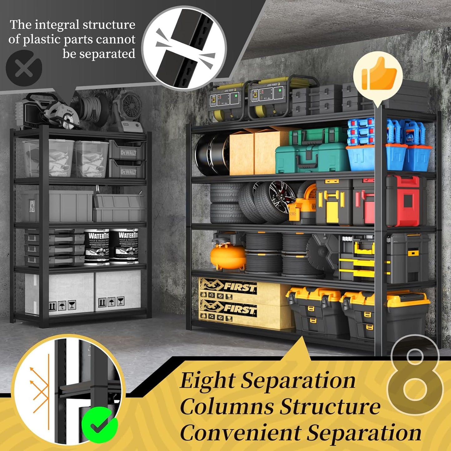 47.8" W Heavy Duty Garage Shelving 3000LBS Storage Shelves, Adjustable 5-Tier Storage Rack, Metal Shelves for Garage/Warehouse/Basement, 47.8" W x 19.8" D x 72" H, Black