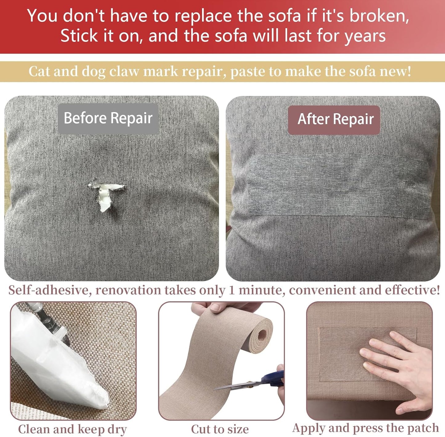 Linen Repair Tape 4x70 Inch Self-Adhesive Couch Patch Repair Fabric Patch for Furniture,Sofas,Cushion,Chairs,Bags,Linen Goods(Black)