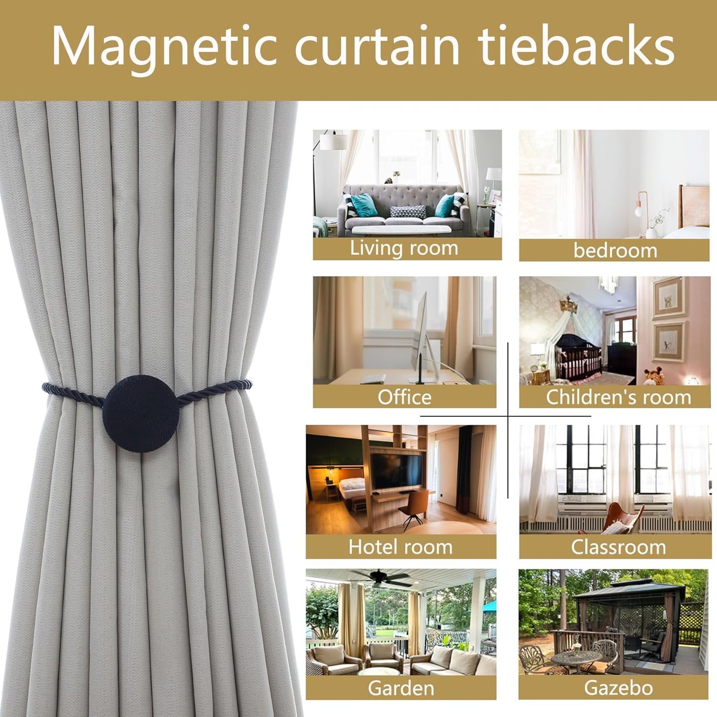 Magnetic Curtain Tiebacks - 12mm Magnetic Tie Backs for Curtains, Heavy Duty No Drill Curtain Holdbacks for Home/Office Windows Drapes, Elegant Gift-Ready Design 7 Colors (4, Black)