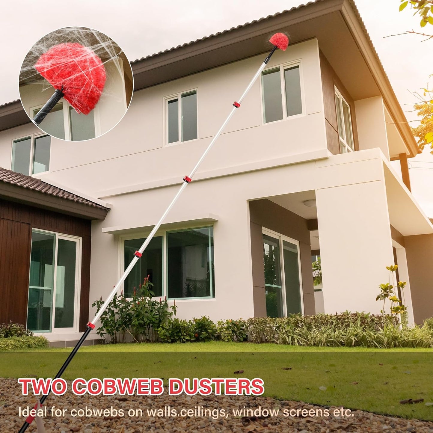 7-24 FT Extension Pole with 2 Outdoor Cobweb Brushes, 30 FT High Reach Ceiling Fan Cleaner Duster for Home, 24 FT Extendable Pole with 4 Pcs Dusting Tools, Cubweb Dusters, Feather Dusters, Fan Duster