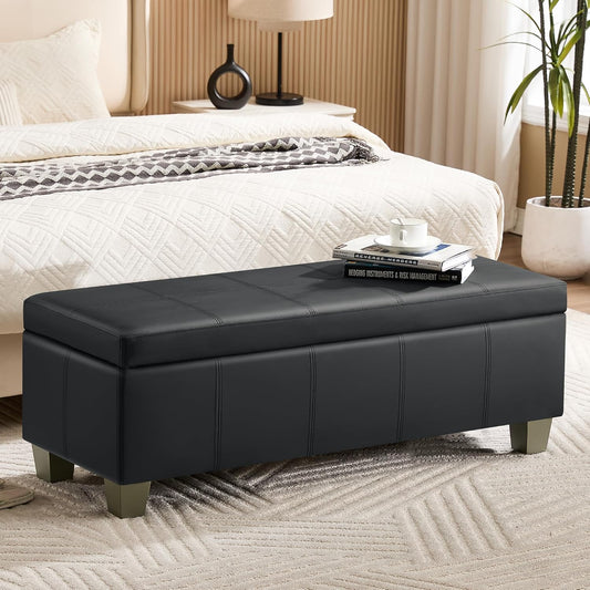 51" Faux Leather Storage Ottoman, Stitch Tufted Rectangle Upholstered End of Bed Storage Bench, Entryway Large Couch Ottoman with Wooden Legs, Dark Black