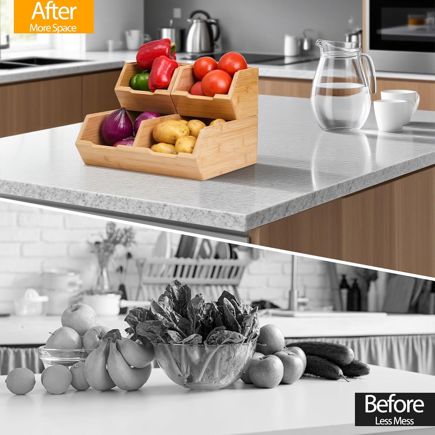 Pantry Storage Bins 3-Pack, Stackable Bamboo Containers for Potato & Onion Storage, Kitchen Organization & Decor