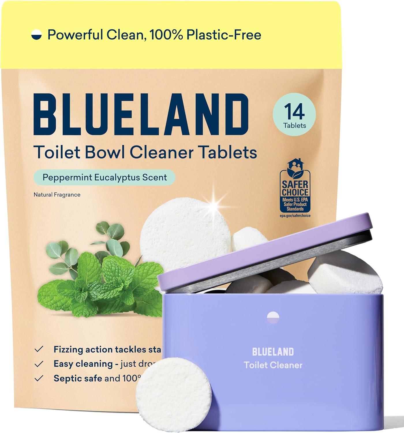 BLUELAND Toilet Bowl Cleaner Tablets, Starter Set, 14 Count with Tin, Peppermint Eucalyptus, Plastic-Free, No Harsh Chemicals, Plant-Based