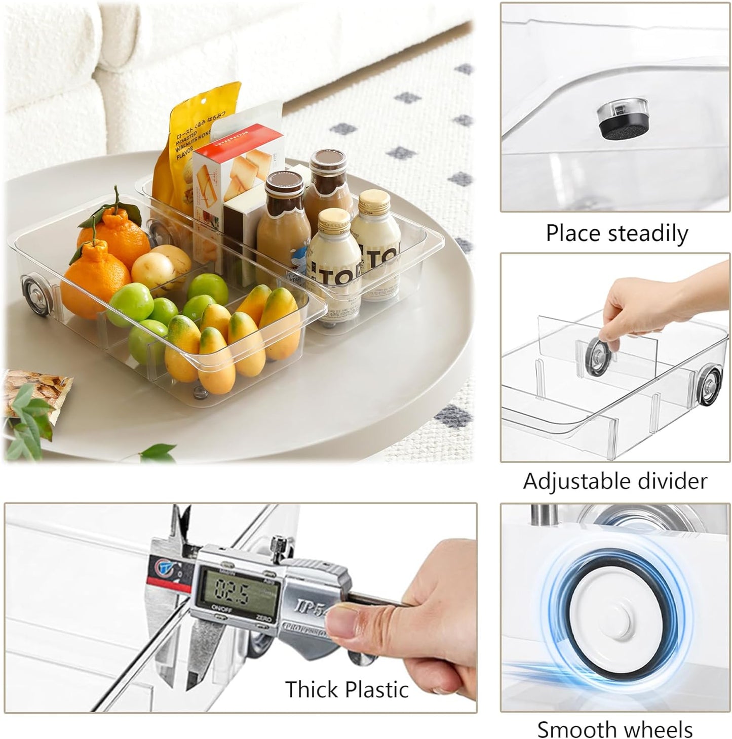 Fridge Organizer Bins With Wheels, 3 Pack Roll Out Refrigerator Organizers And Storage Refrigerator Drawer With Dividers, Upgrade Thick Plastic Pantry Storage Bins, Kitchen Organization