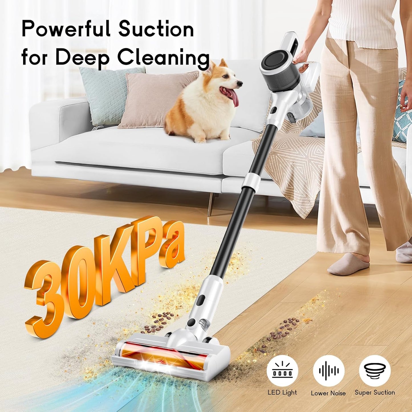 Cordless Vacuum Cleaner for Home, 8-in-1 Lightweight Stick Vacuum with 45Mins Runtime, Powerful Suction, Anti-Tangle, Rechargeable Cordless Vacuum for Hardwood Floor Carpet Pet Hair, W-N5