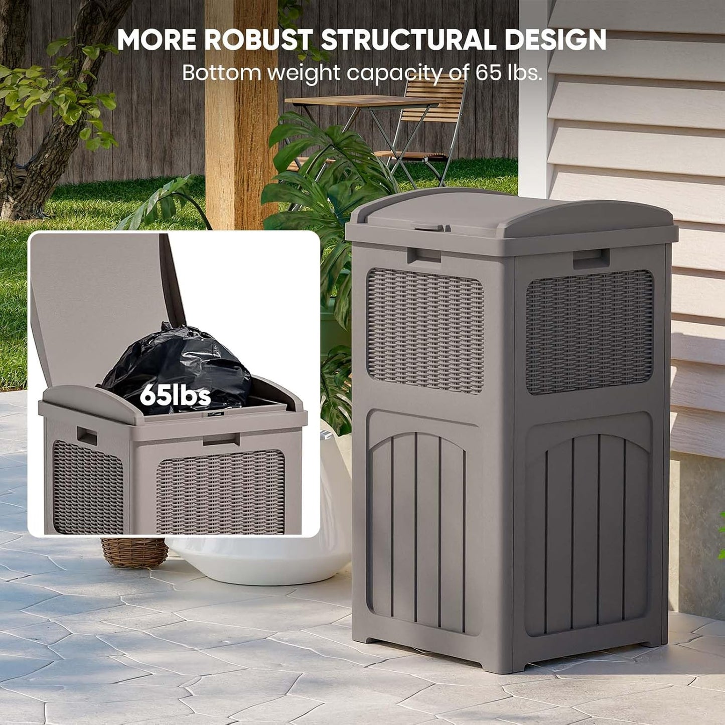 Patiowell 36 Gallon Outdoor Trash Can, Resin Outdoor Garbage Can with Lid for Patio, Backyard, Deck, Light Brown （2 Pack）