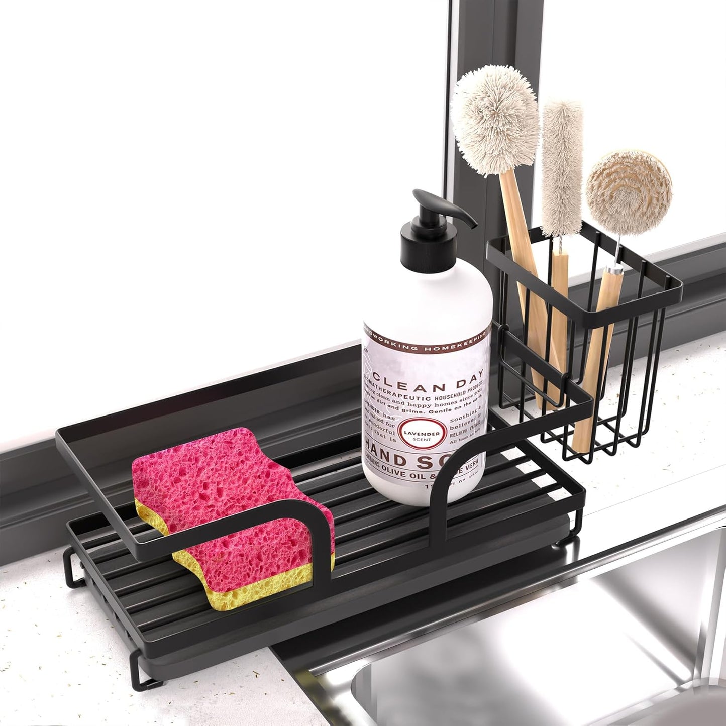 Sponge Holder for Kitchen Sink,Sink Caddy Organizers with Stone Drying Tray, Kitchen Sink Organizer for Sponges, Soap, 9.7" x 4.2"x 3.2" Home Decor Storage and Organization,2PCS Black