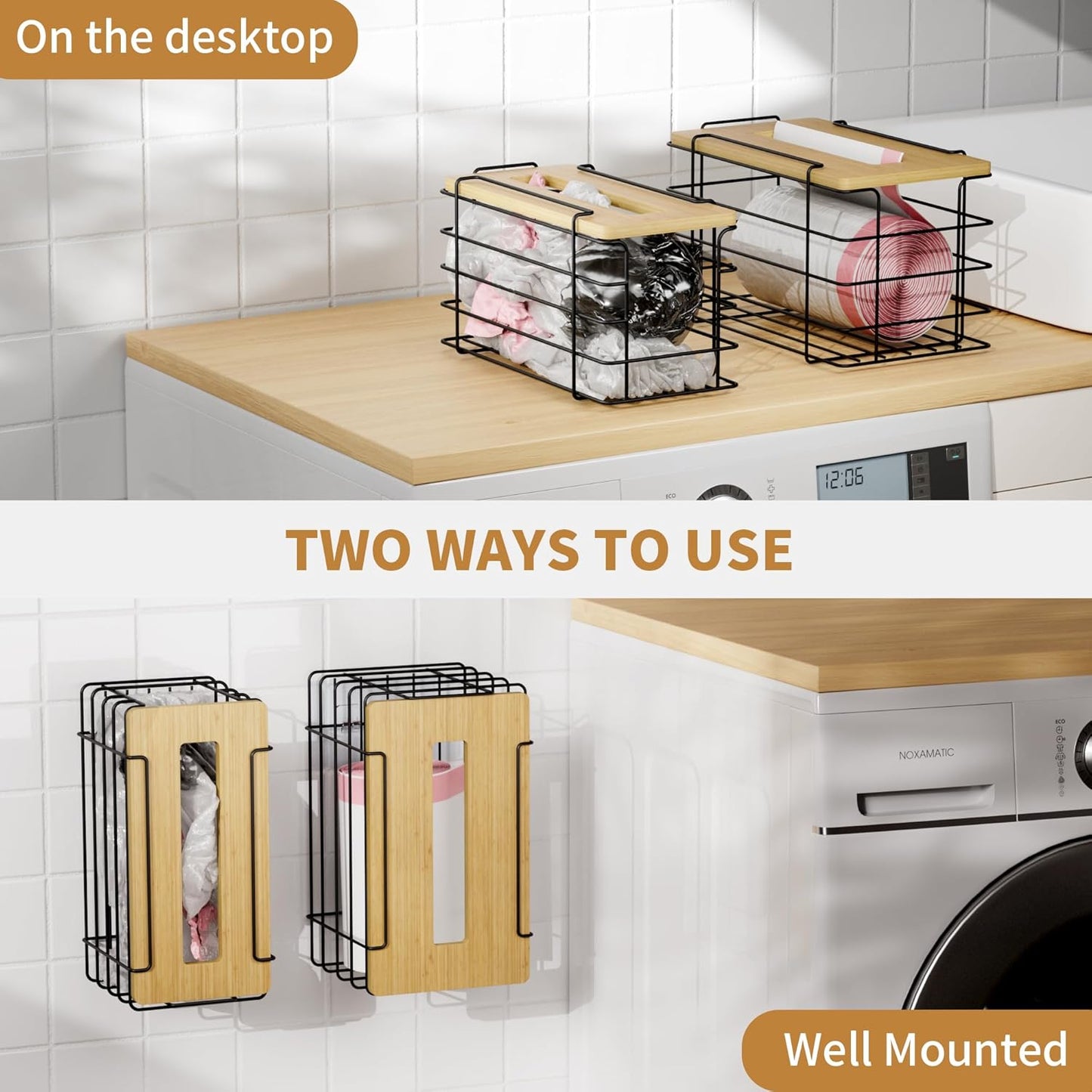 2 Pack Grocery Bag Holder for Plastic Bags - Wall Mount Kitchen Plastic Bag Holders for Grocery Bags - Bag Holder for Kitchen,Under Sink,Pantry and Garage,Black