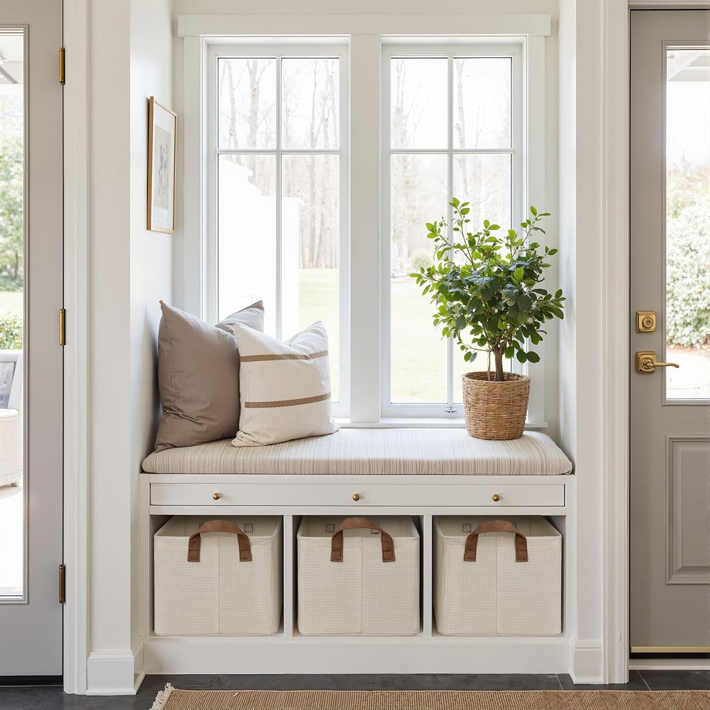 StorageWorks Storage Bins, Shelves Baskets for Organizing, Fabric Closet Organizers with Handles, Metal Frame, Beige（Texture）, 2-Pack