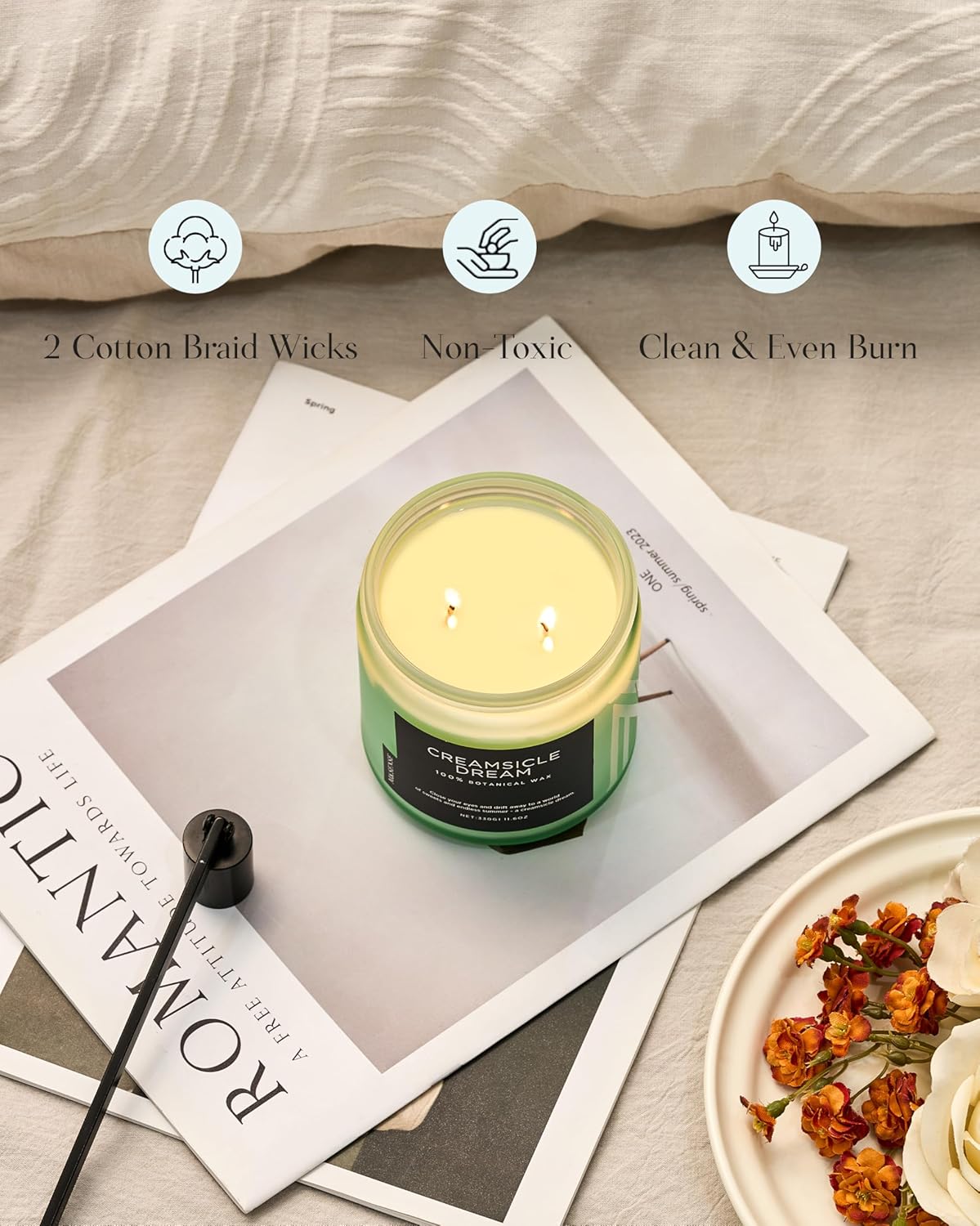 M&SENSE Clean Cotton Scented Candle - 11.6oz Natural Soy Wax Clean Cotton Blossom Scent Non Toxic Candle, 70-Hour Slow Burning 2-Wick Aromatherapy Home Fragrance Gifts for Home Decor