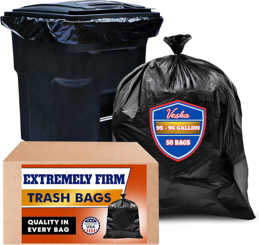 Veska 95-96 Gallon Trash Bags Heavy Duty (Huge 50 Bags W/Ties) 95-96 Gallon Trash Bags Large Black Heavy Duty Can Liners, Large 90-100 Gallon Garbage Can Liners