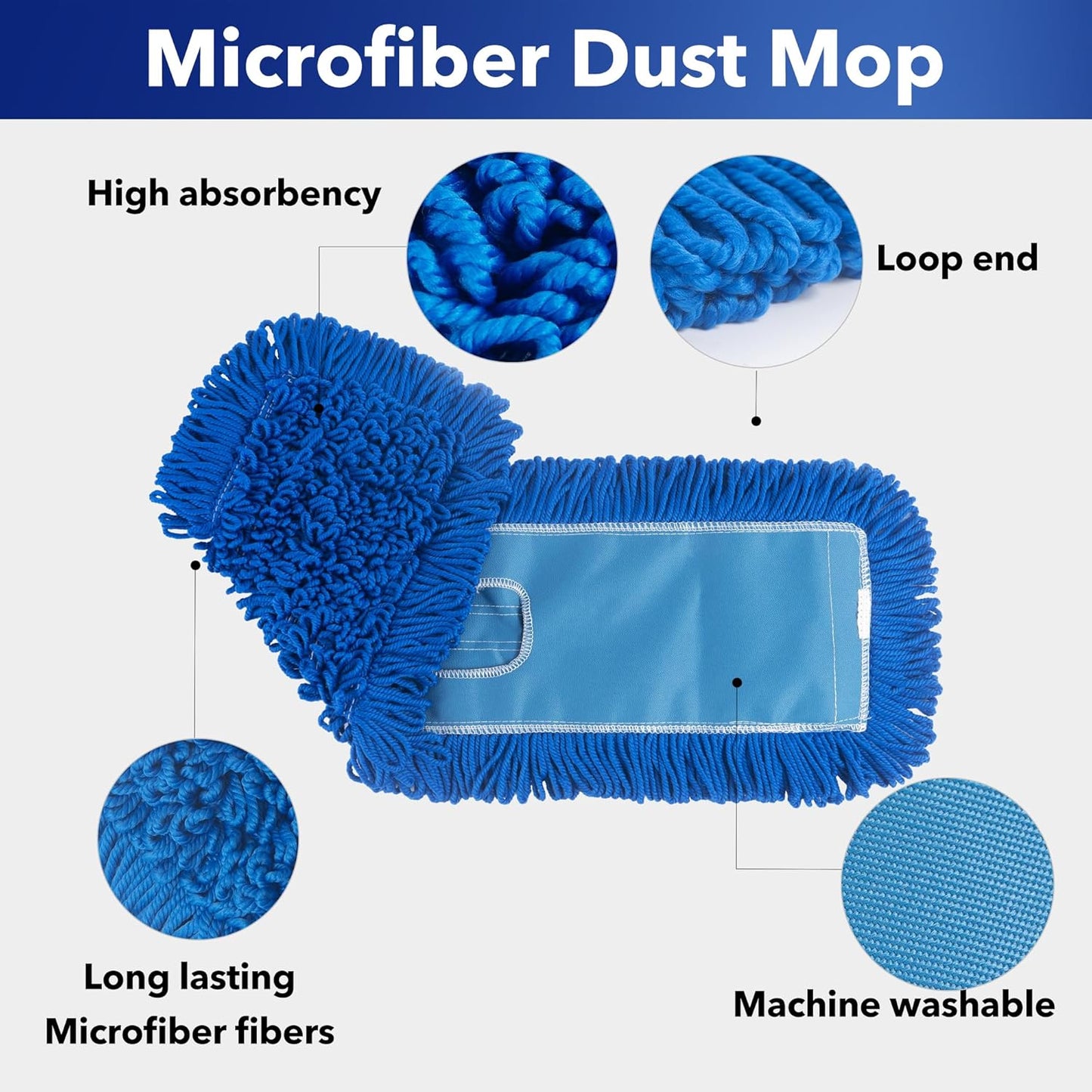 Matthew 24'' Microfiber Loop Dust Mop Washable Commercial&Residential Heavy Duty Mop Head Replacement Premium Absorbent Industrial Dust Mop Refill Pads for Hardwood, Office,Garage and Hotel -6Pack