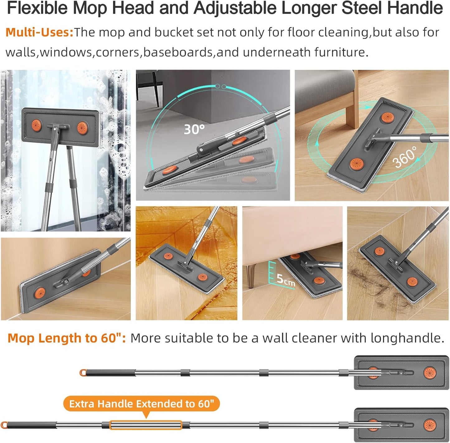 MOPALL Mop and Bucket with Wringer Set for Home, Hands-Free Flat Mop and Bucket Set for Floor Cleaning and Window Wall Cleaner, Wet and Dry Mop with 61" Long Handle and 3 Microfiber Pads