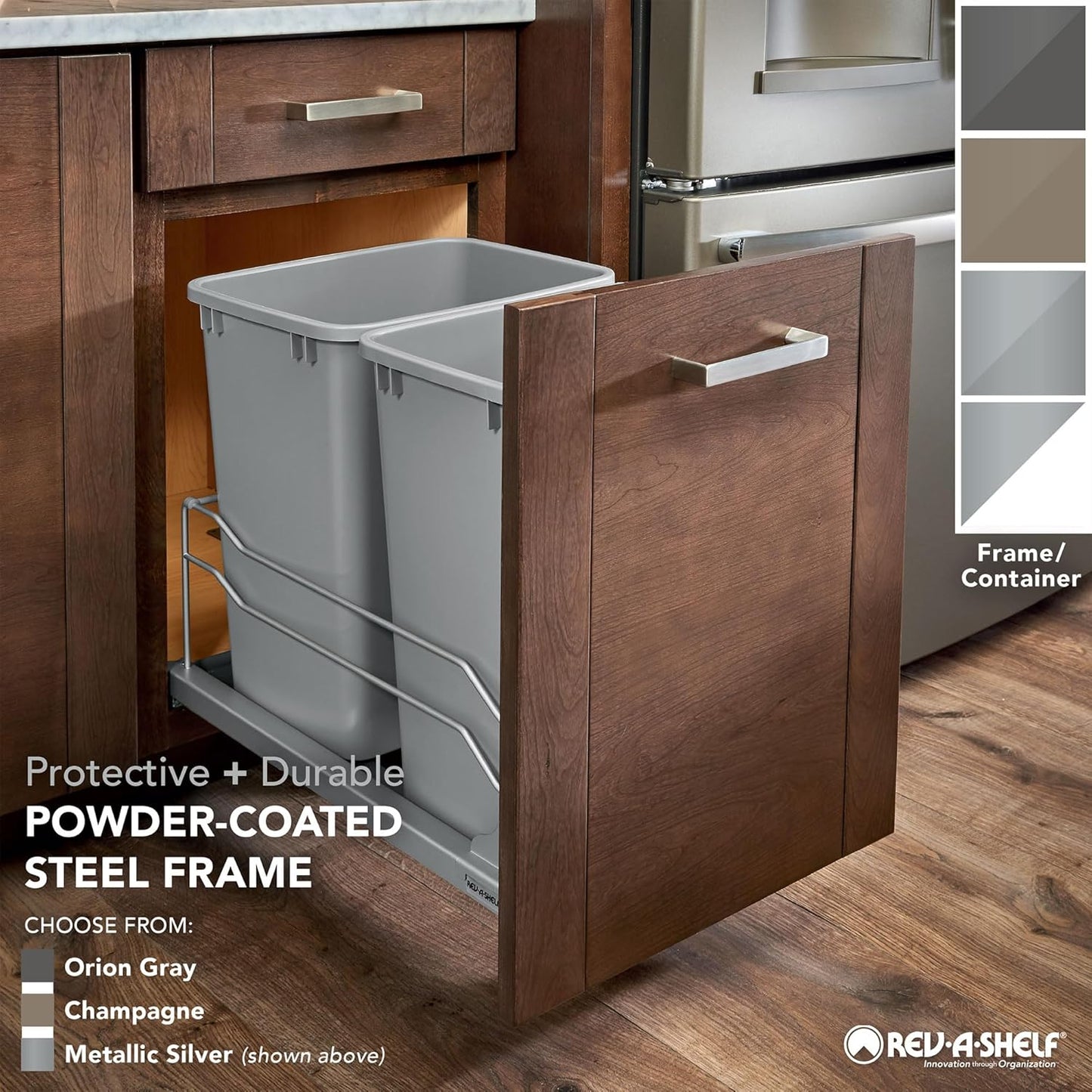 Rev-A-Shelf Double Pullout Trash for Full Height Kitchen Cabinets 50 Quart 12.5 Gallon with Soft-Close Slides, Metallic Silver, 53WC-2150SCDM-217