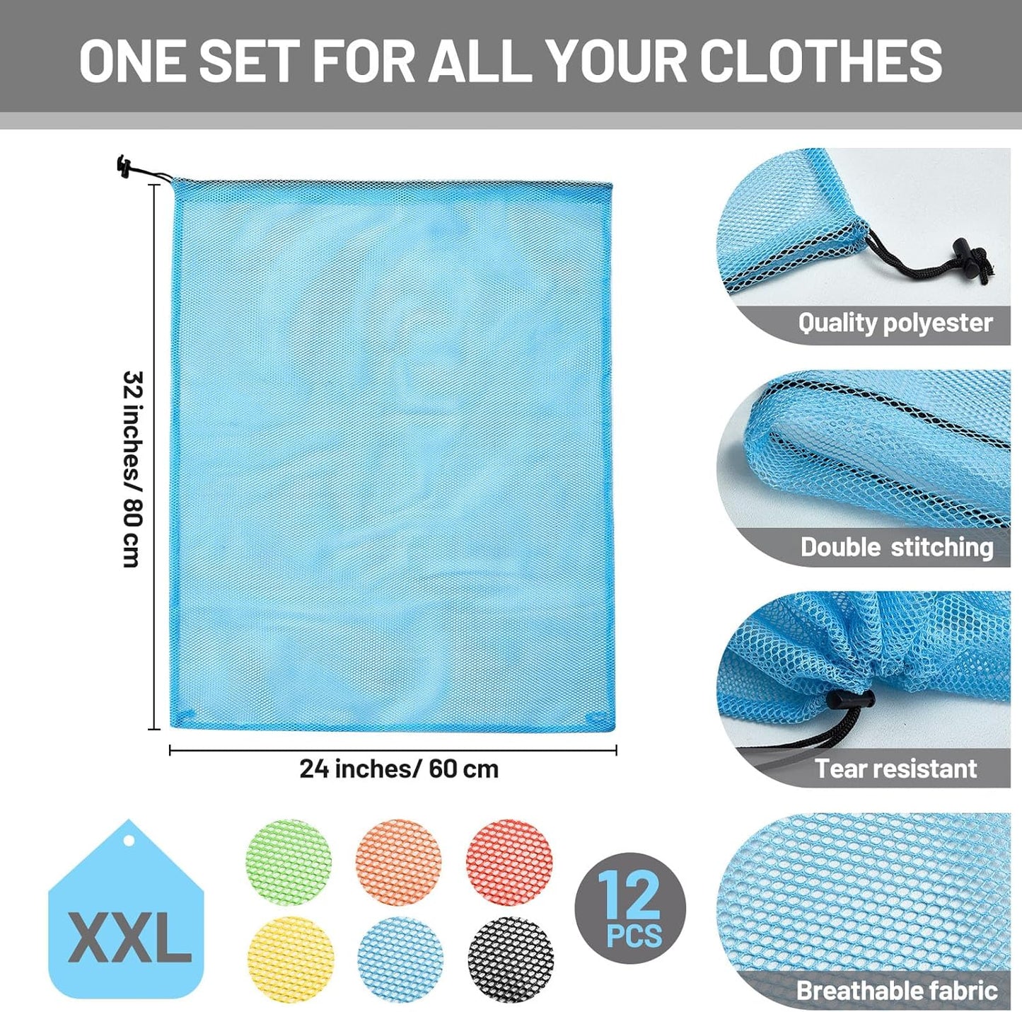 Berlune 12 Pcs Large Laundry Bag Colorful Extra Large Mesh Laundry Bag Bulk with Drawstring Heavy Duty Mesh Machine Washable Drawstring Pouch (32 * 24in)