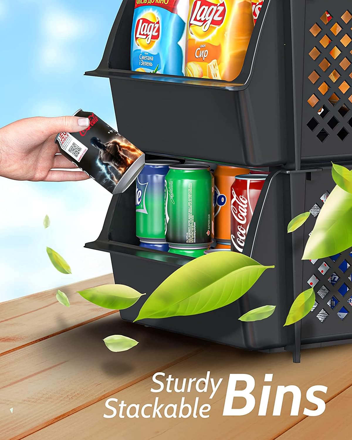 TidyFriend Plastic Stackable Storage Bins for Pantry - 8 Pack Stackable Bins For Organizing Food, Kitchen, and Bathroom Essentials (Black)