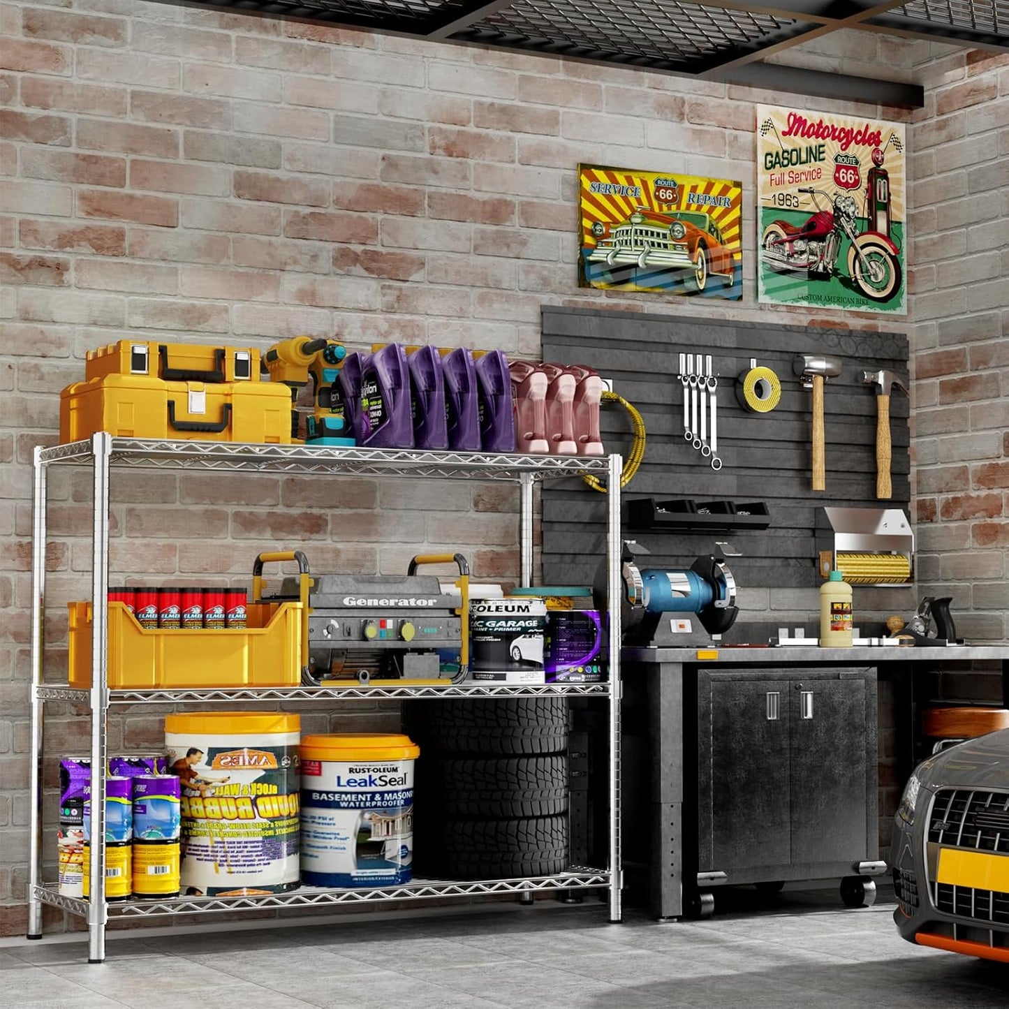 Storage Shelves, 48" L x 20" W x 47" H Heavy Duty Garage Wire Shelving Unit Loads 1200LBS, 3-Tier Adjustable Metal Industrial Utility Shelf Rack for Kitchen, Laundry Room, Basement