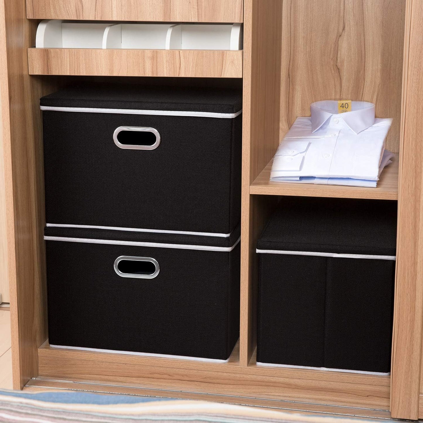 PRANDOM Large Foldable Storage Boxes with Lids [3-Pack] Fabric Collapsible Storage Bins Organizer Containers Baskets Cube with Cover for Home Bedroom Closet Office Nursery Black(17.7x11.8x11.8)