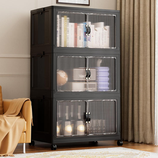 Jalove 88QT Plastic Storage Bins with lids, Stackable Collapsible Storage Containers with Wheels, Closet Organizer and Storage Drawers, Clothes Storage Cabinet for Home Office Garage, 3 Pack Black