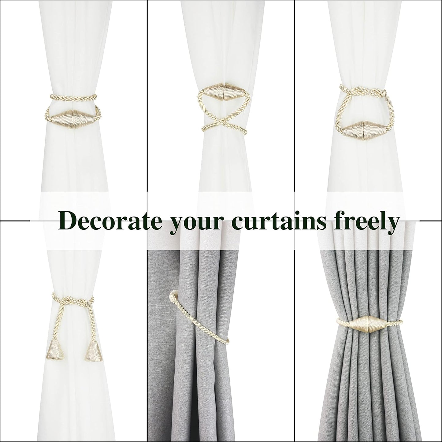 2 Pack Magnetic Curtain Tiebacks Rope Modern Handmade Curtain Tie Backs Decorative Drapes Weave Holdbacks for Window Décor, Beige