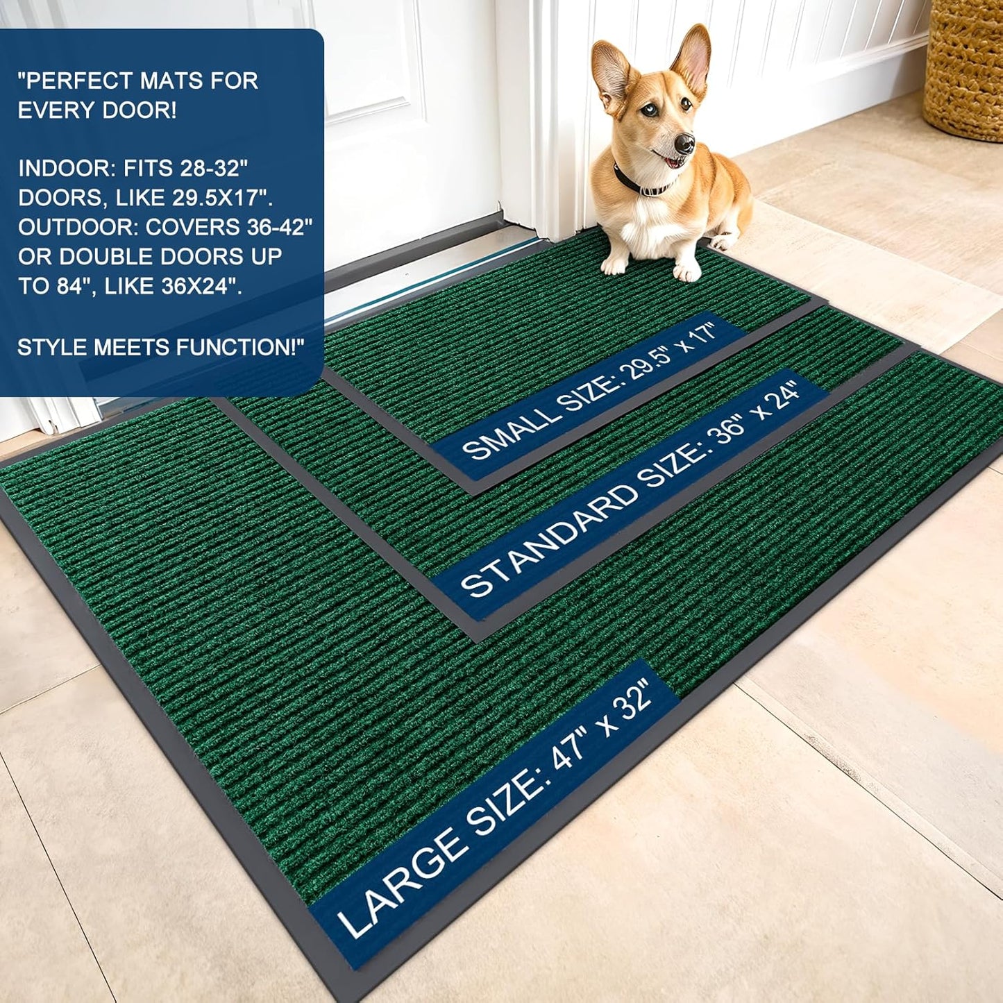 OLANLY Front Door Mat Indoor Outdoor Entrance, Waterproof Heavy Duty Doormat, Fade Resistant, Low Profile, Easy Clean Patio Porch Welcome Floor Mats for Entry, 71x23, Green