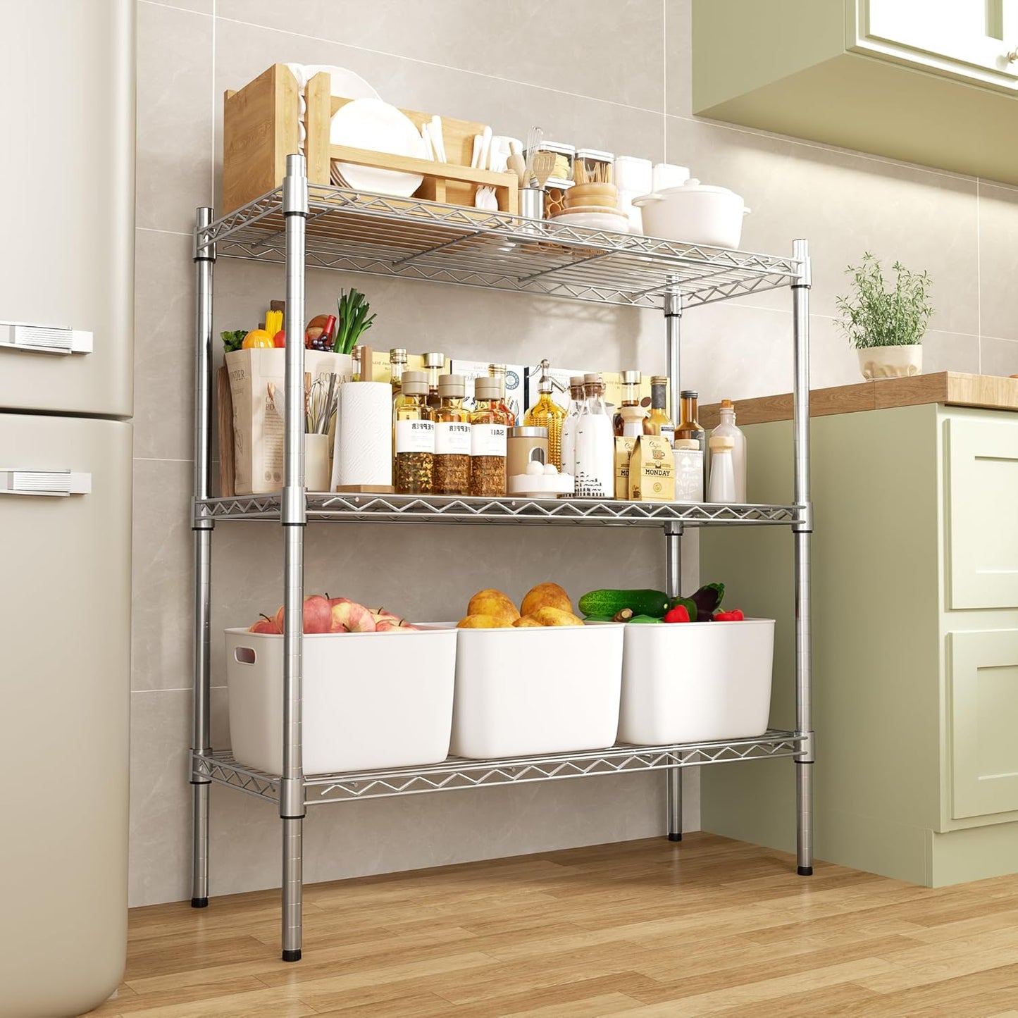 Auslar 3-Shelf Storage Wire Shelves Heavy Duty 3 Tiers Standing Shelving Units Adjustable Metal Organizer Wire Rack, Chrome