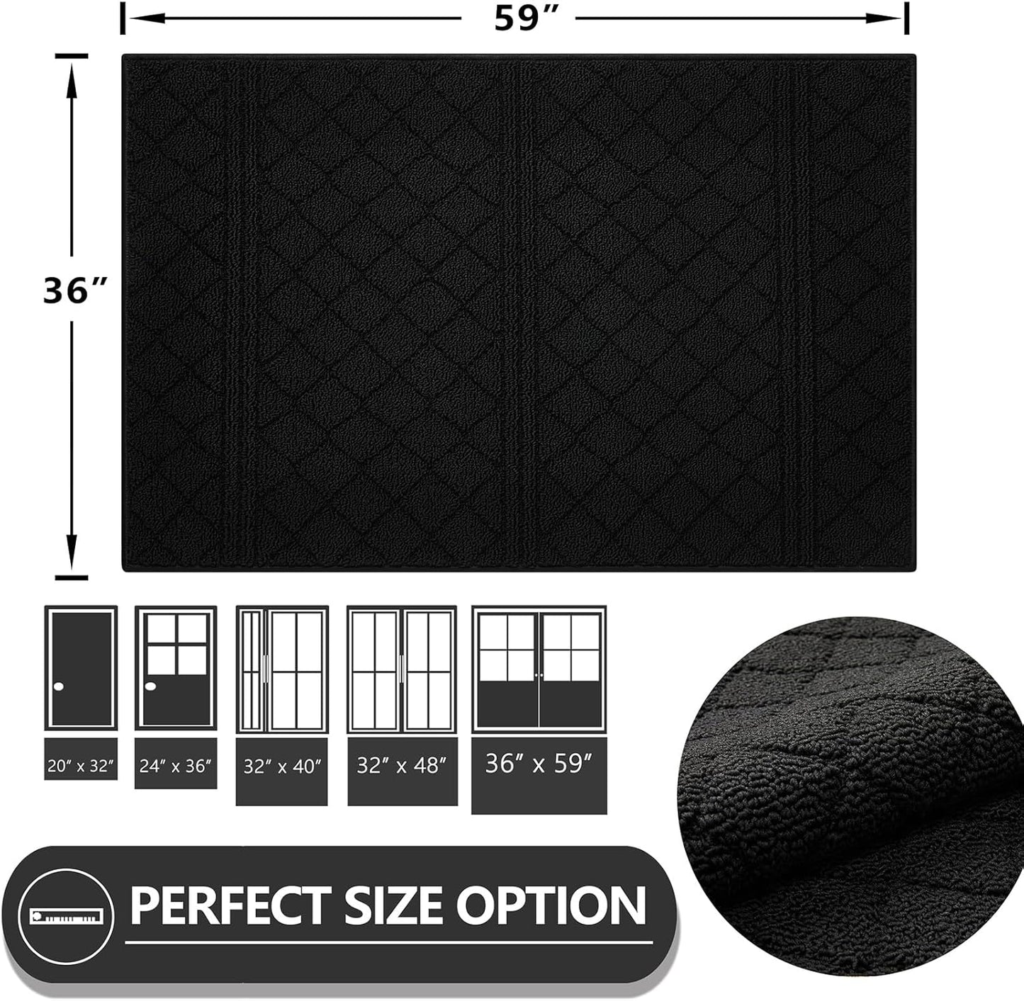 REFETONE Indoor Doormat, Front Back Door Mat 36"x59" Absorbent Rubber Backing Non Slip Door Mats, Low-Profile Resist Dirt Entrance Rugs, Machine Washable Door Rugs Inside Floor Mat for Entryway, Black
