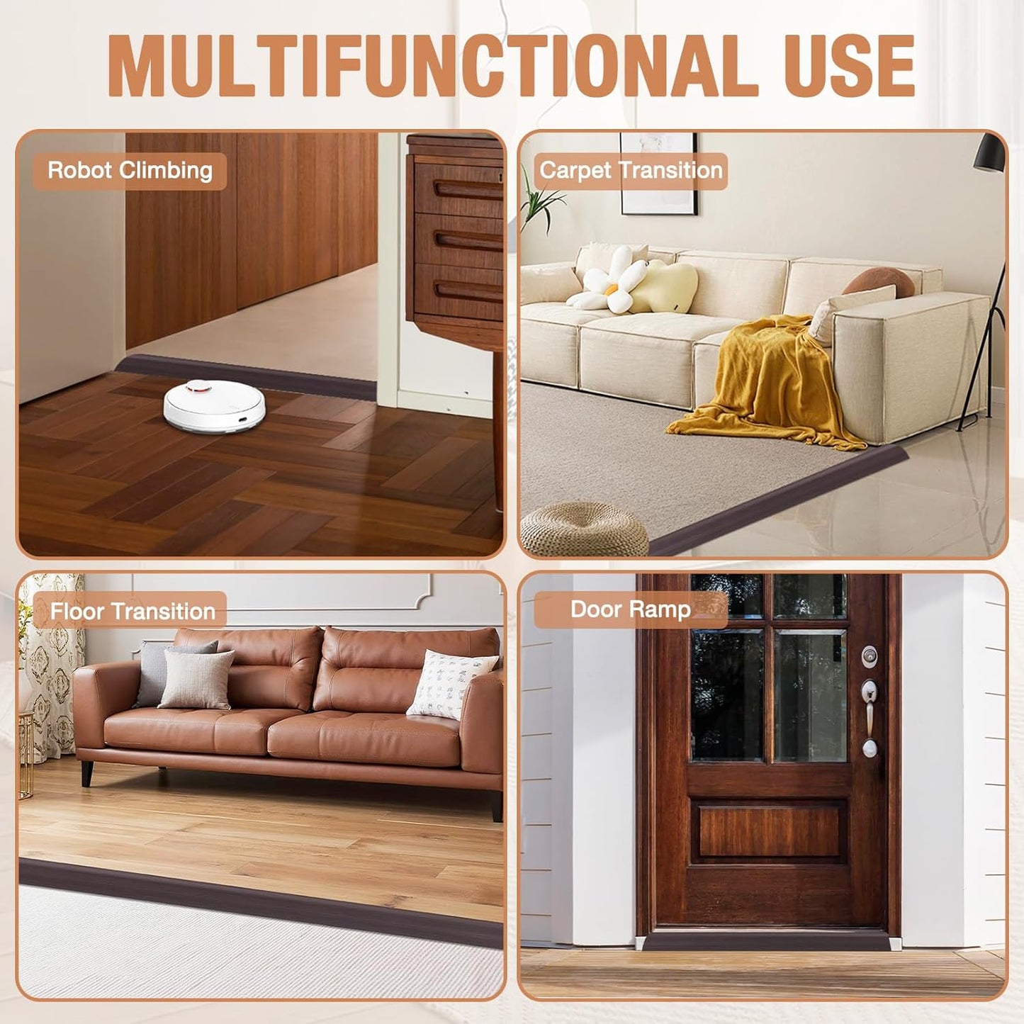 Floor Transition Strip Self Adhesive Vinyl Door Threshold for Doorways Carpet Edging Trim Overlap Edge Reducer for Laminate Floor, Carpet, Tile (Dark Walnut Grain, 1/5" to 2/5", 10Ft)