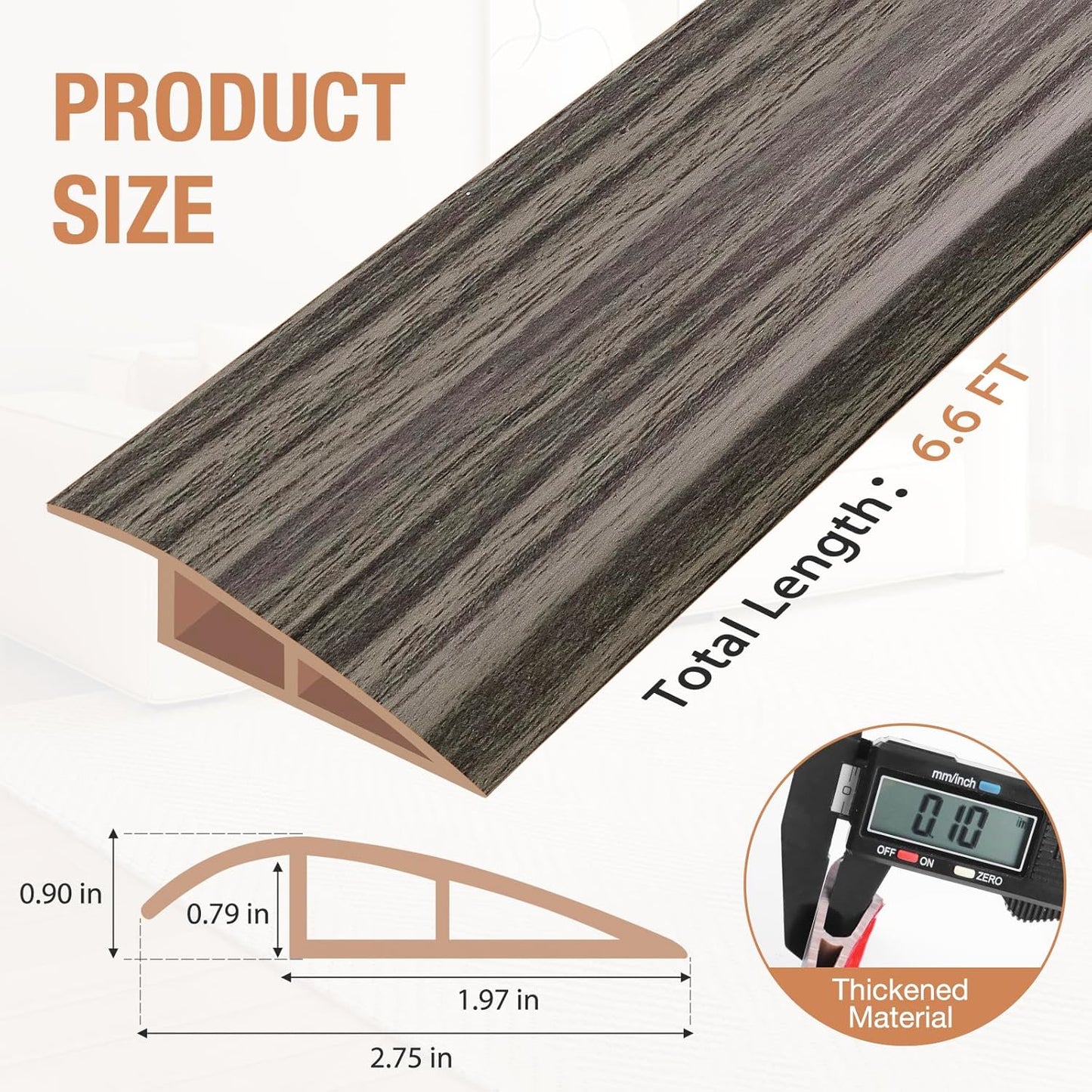 Floor Transition Strip Self Adhesive Vinyl Door Threshold for Doorways Carpet Edging Trim Overlap Edge Reducer for Laminate Floor, Carpet, Tile (Grayish Brown Wood Grain, 3/5" to 4/5", 6.6Ft)