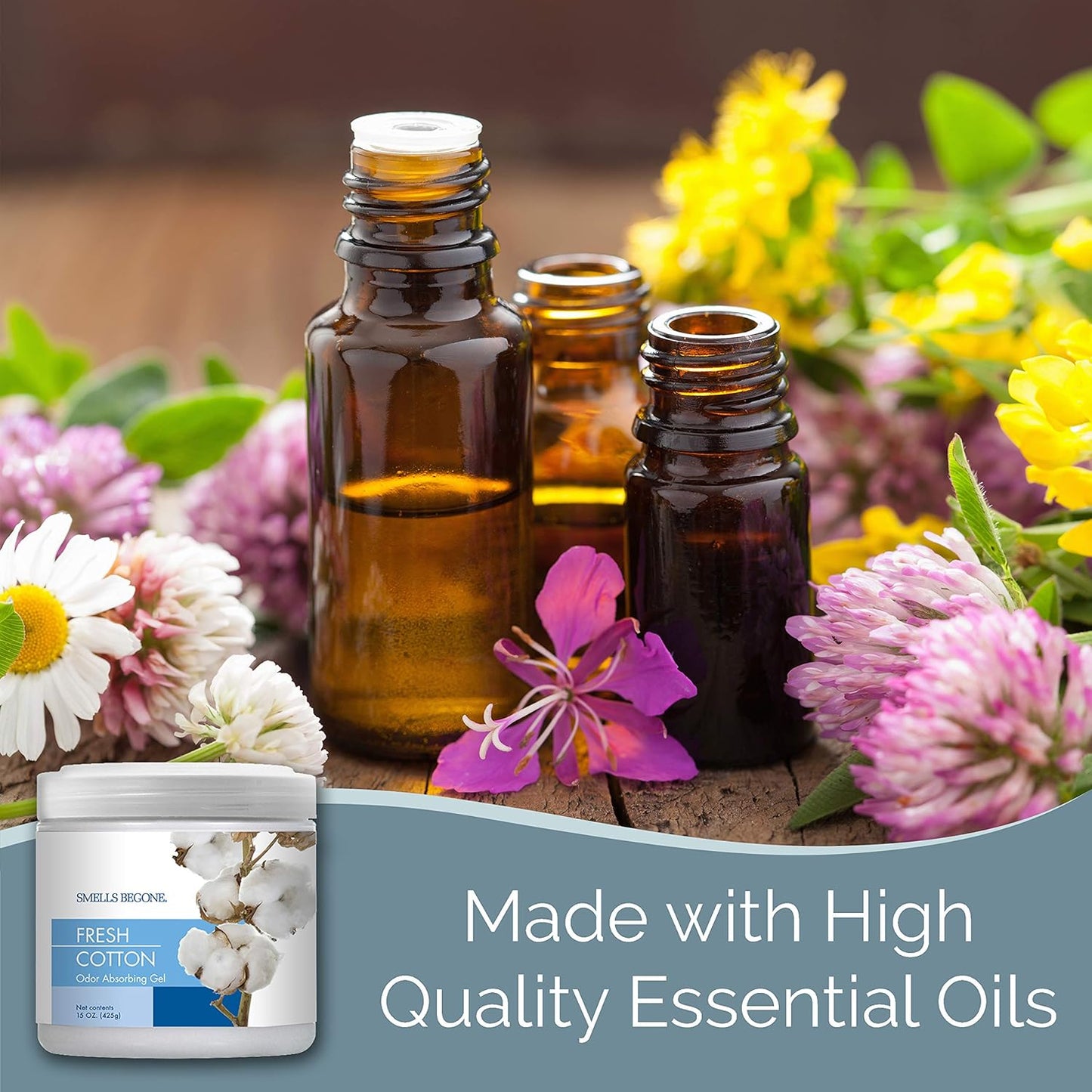 SMELLS BEGONE 15 oz Air Freshener Odor Absorber Gel - Absorbs Odor from Bathrooms, Cars, Pet Areas, Boats and RVs - Made with Essential Oils - Fresh Cotton Scent