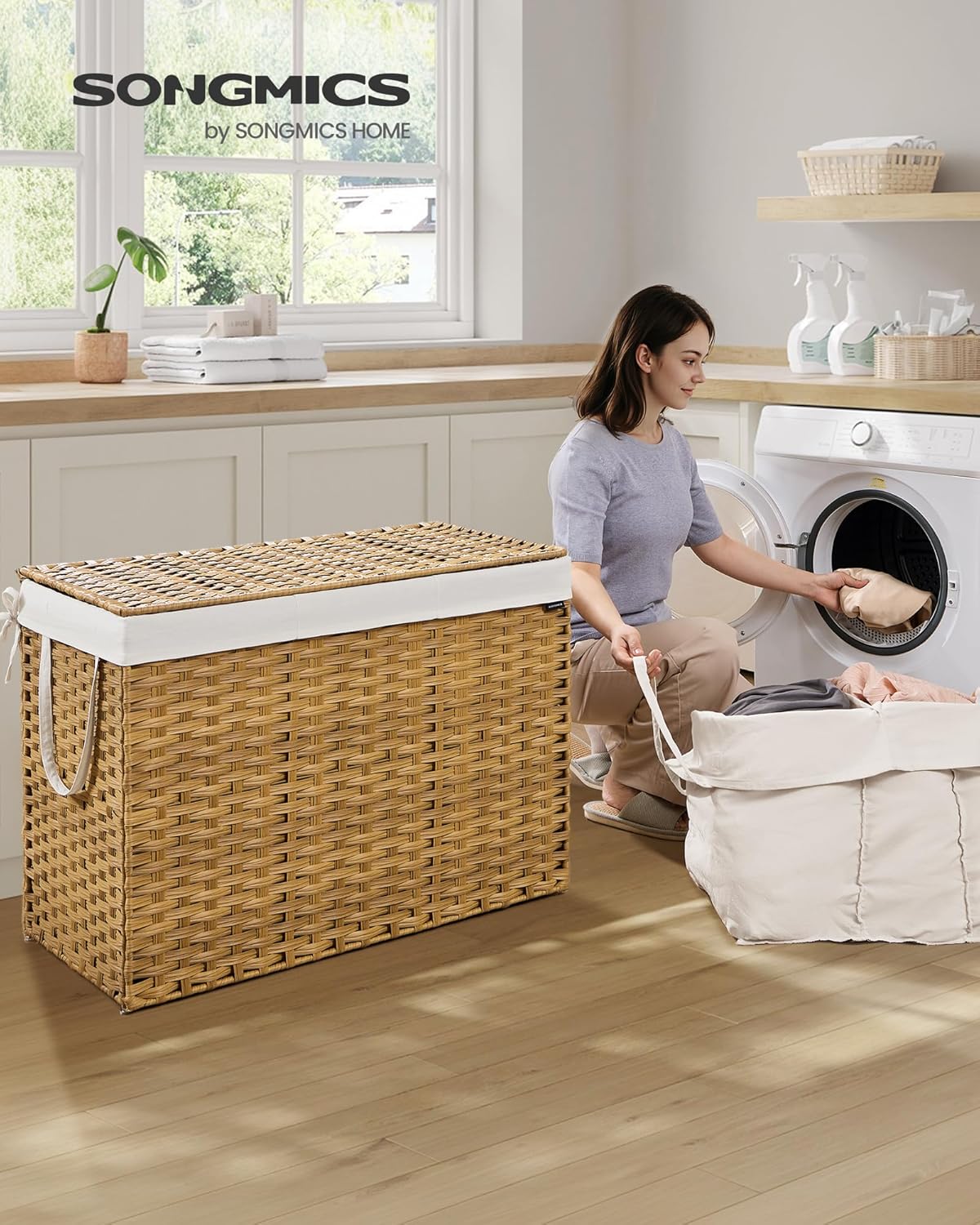 SONGMICS Laundry Hamper with Lid, 200 L Clothes Hamper with 2 Removable Liner Bags, 6 Mesh Bags, Wicker Laundry Basket, Double Laundry Hamper for Bathroom, 15.7 x 33.9 x 24 Inches, Natural ULCB452Y01