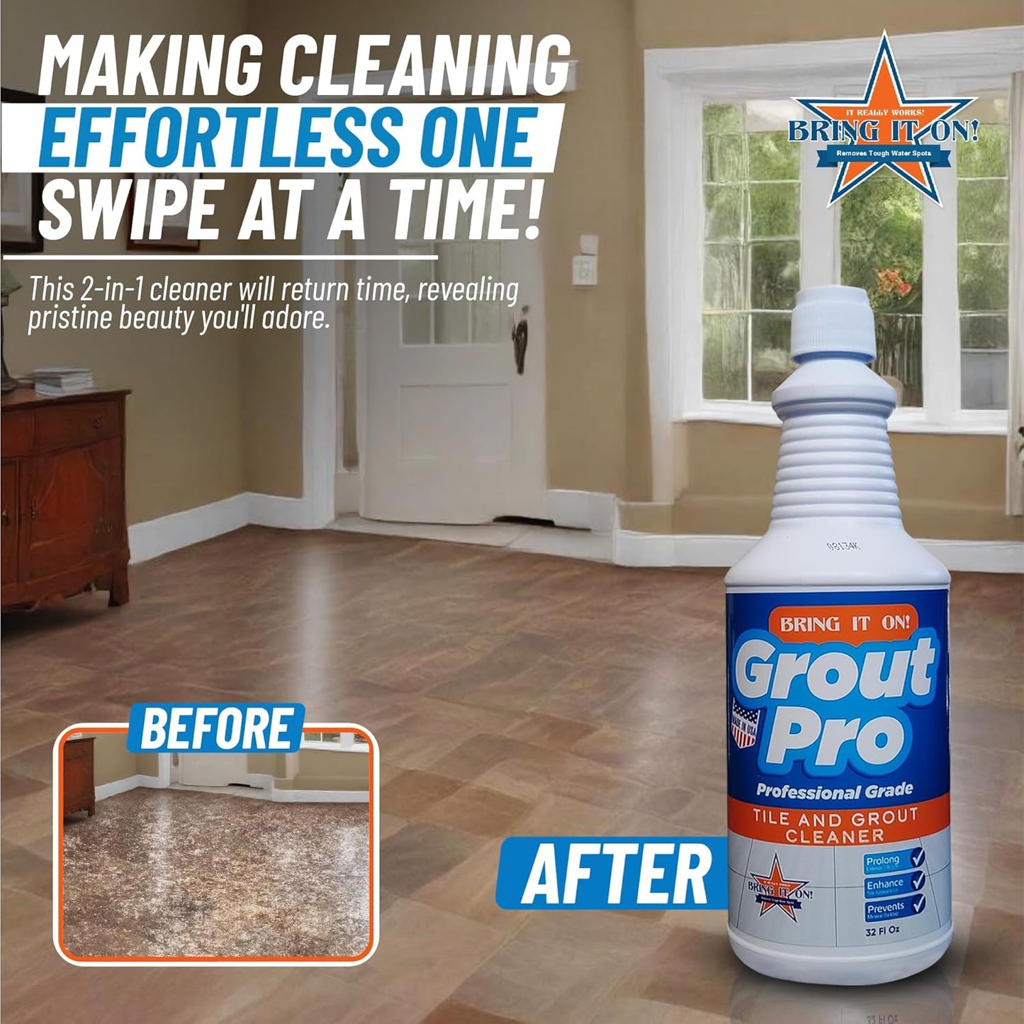 Bring It On Grout Cleaner with Grout Cleaning Brush – 32Fl Oz Grout Cleaner for Shower Tile Includes 9-inch Heavy-Duty Grout and Tile Floor Cleaner Brush – Effectively Removes Mineral Deposits