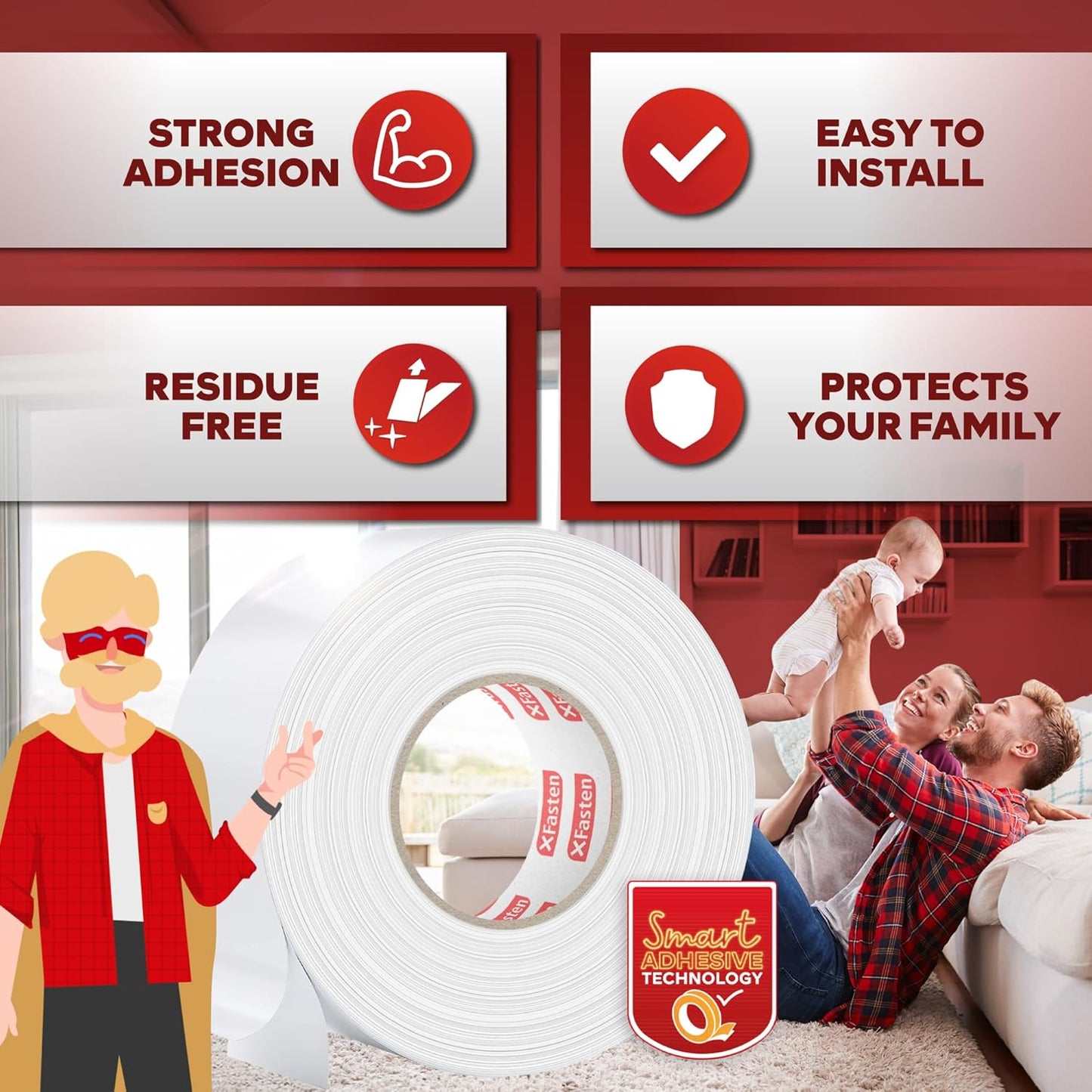 XFasten Double Sided Carpet Tape for Area Rugs, 2 Inch x 60 Yards – Heavy Duty Anti Slip Rug Grip Tape, Works as Rug Gripper, Residue Free, Wood Safe, Easy Removal for Hardwood and Laminated Floors