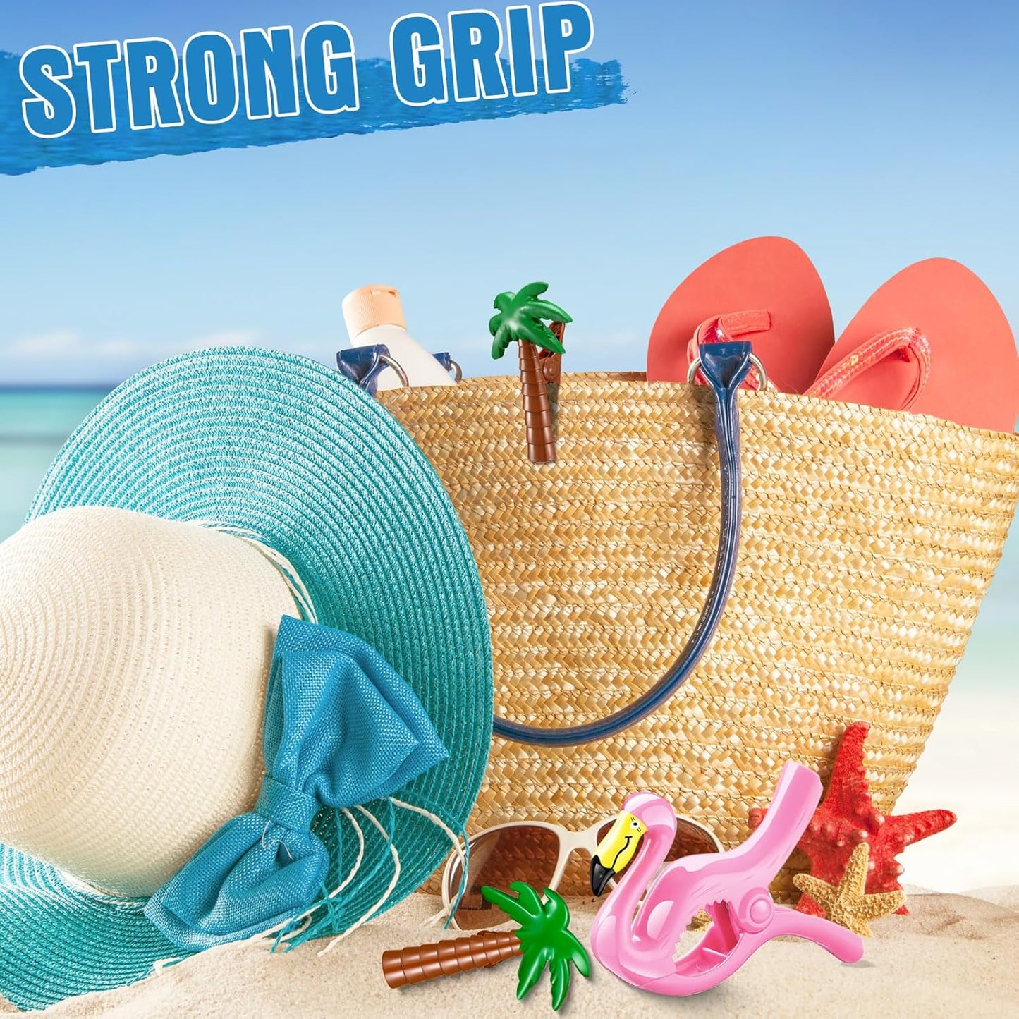 4 Pieces Beach Towel Clip Jumbo Size Chair Clips Towel Holder Clothes Pegs Christmas Stocking Clamp for Cruise Patio Pool Holiday Vacations(Flamingo, Coconut Palm,Pink, Green)