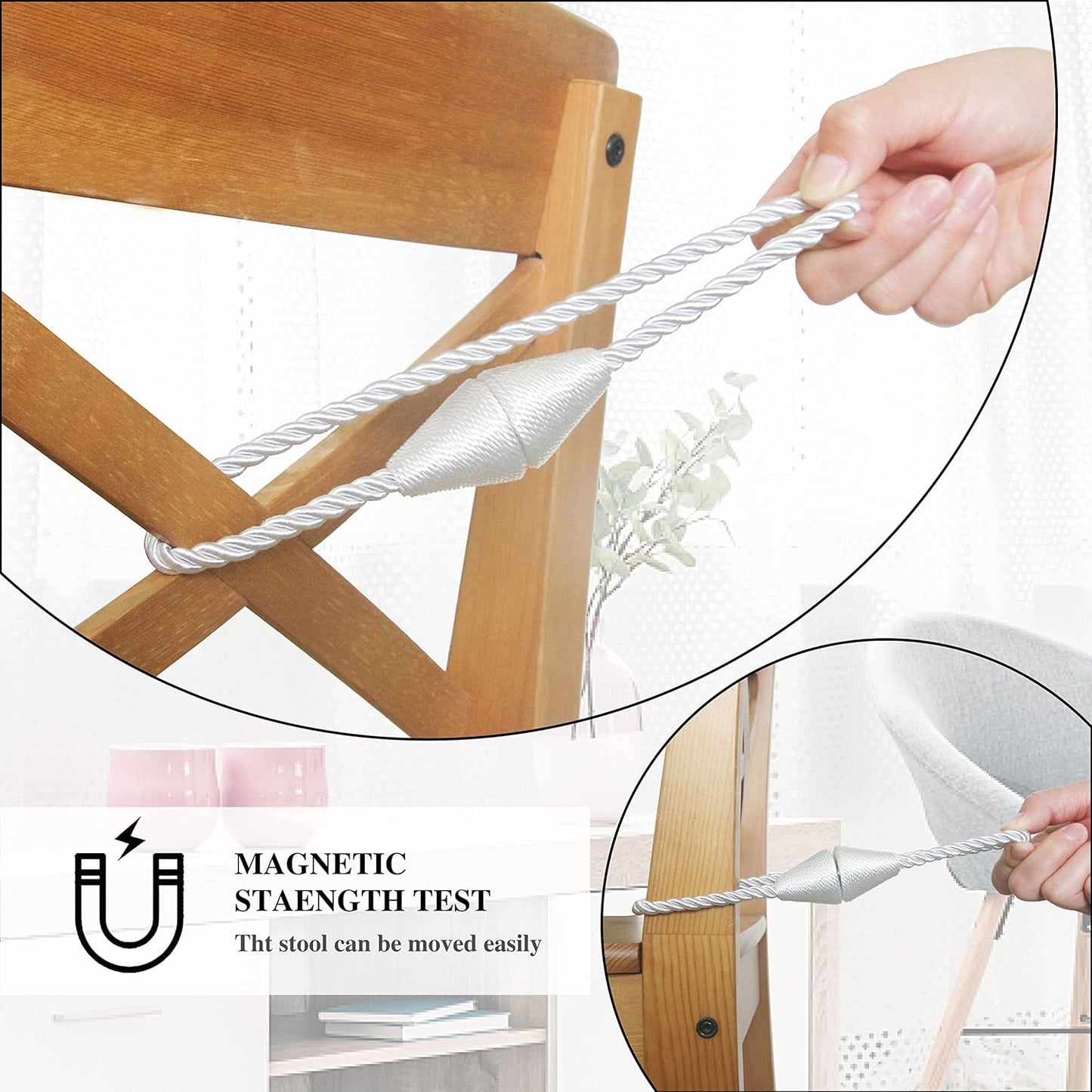 4 Pack Magnetic Curtain Tiebacks Rope Modern Handmade Curtain Tie Backs Decorative Drapes Weave Holdbacks for Window Décor, Silver