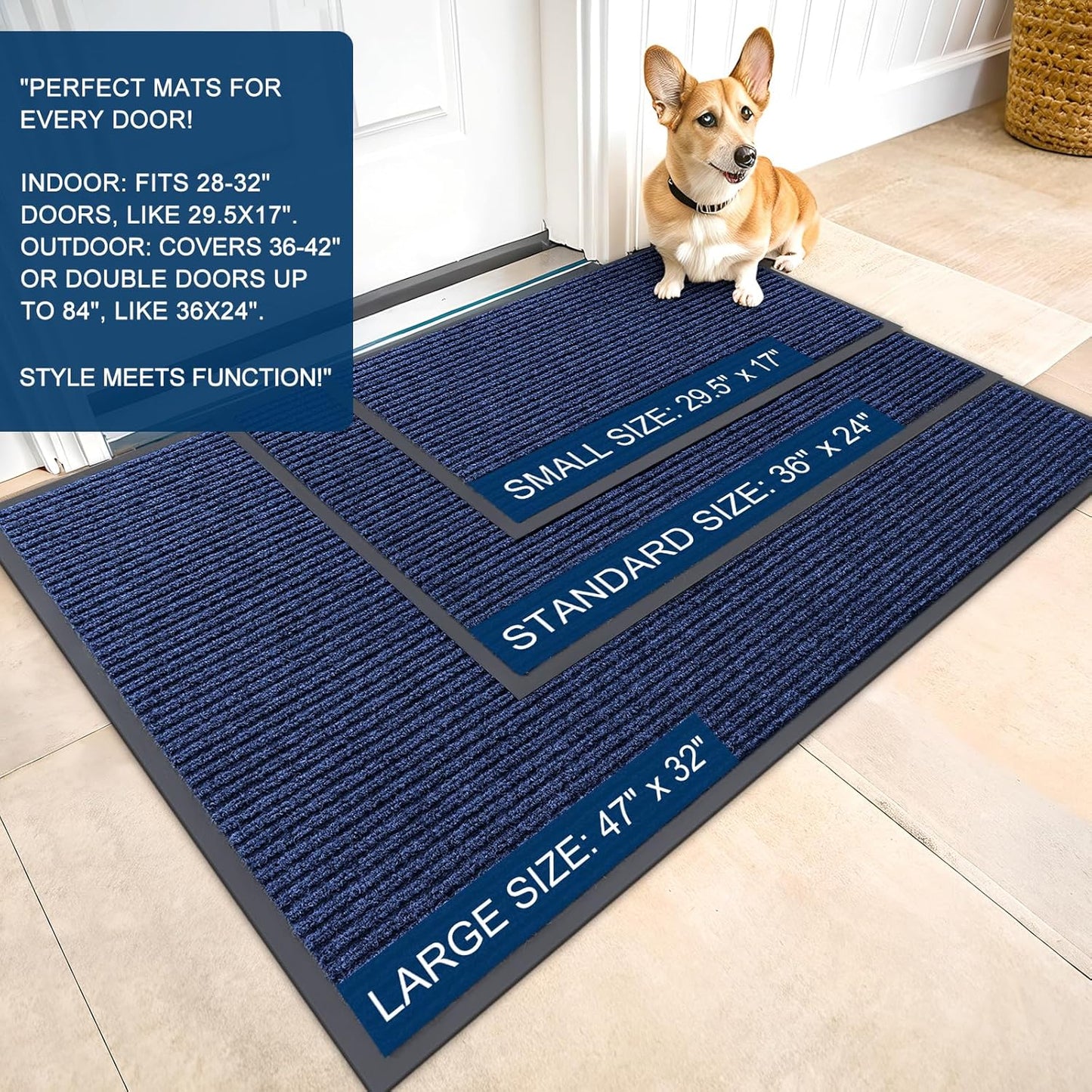OLANLY Front Door Mat Indoor Outdoor Entrance, Waterproof Heavy Duty Doormat, Fade Resistant, Low Profile, Easy Clean Patio Porch Welcome Floor Mats for Entry, 47x32, Blue