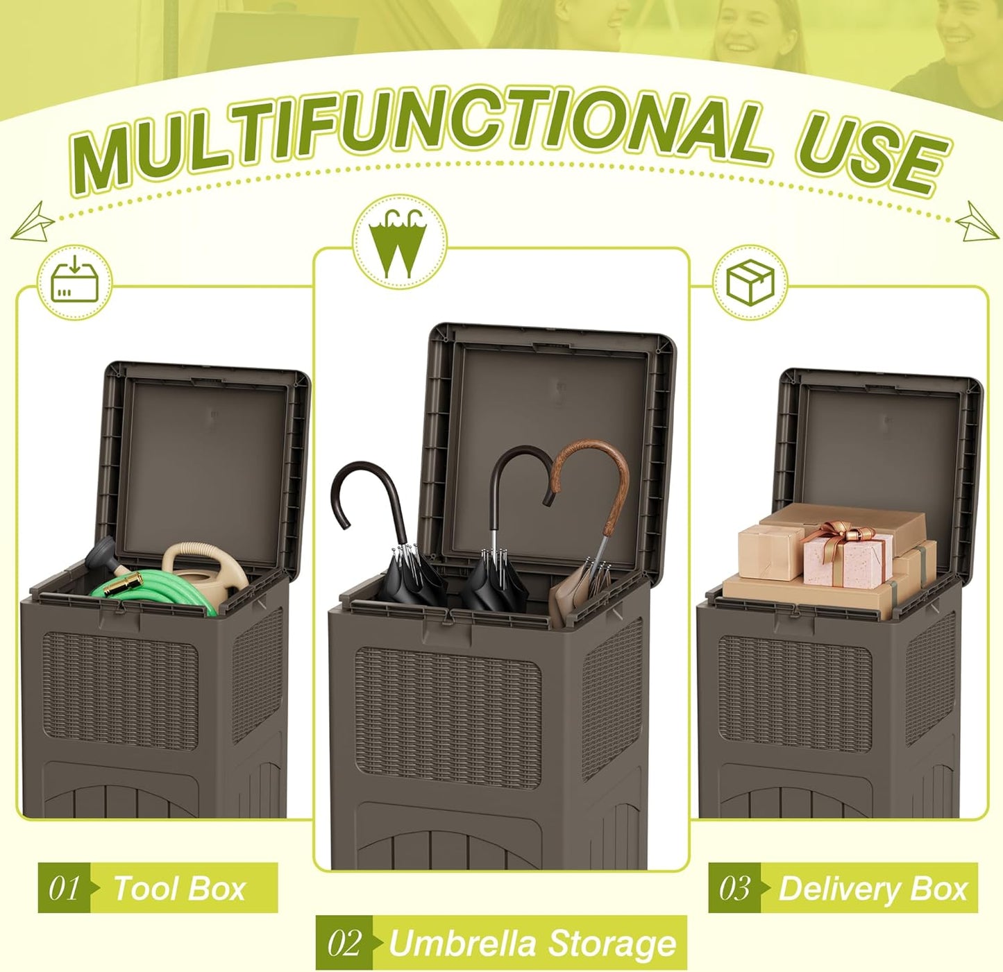 Greesum 33 Gallon Outdoor Trash Can with Lid, Waterproof Resin Garbage Bin for Hideaway, Deck, Patio, Brown