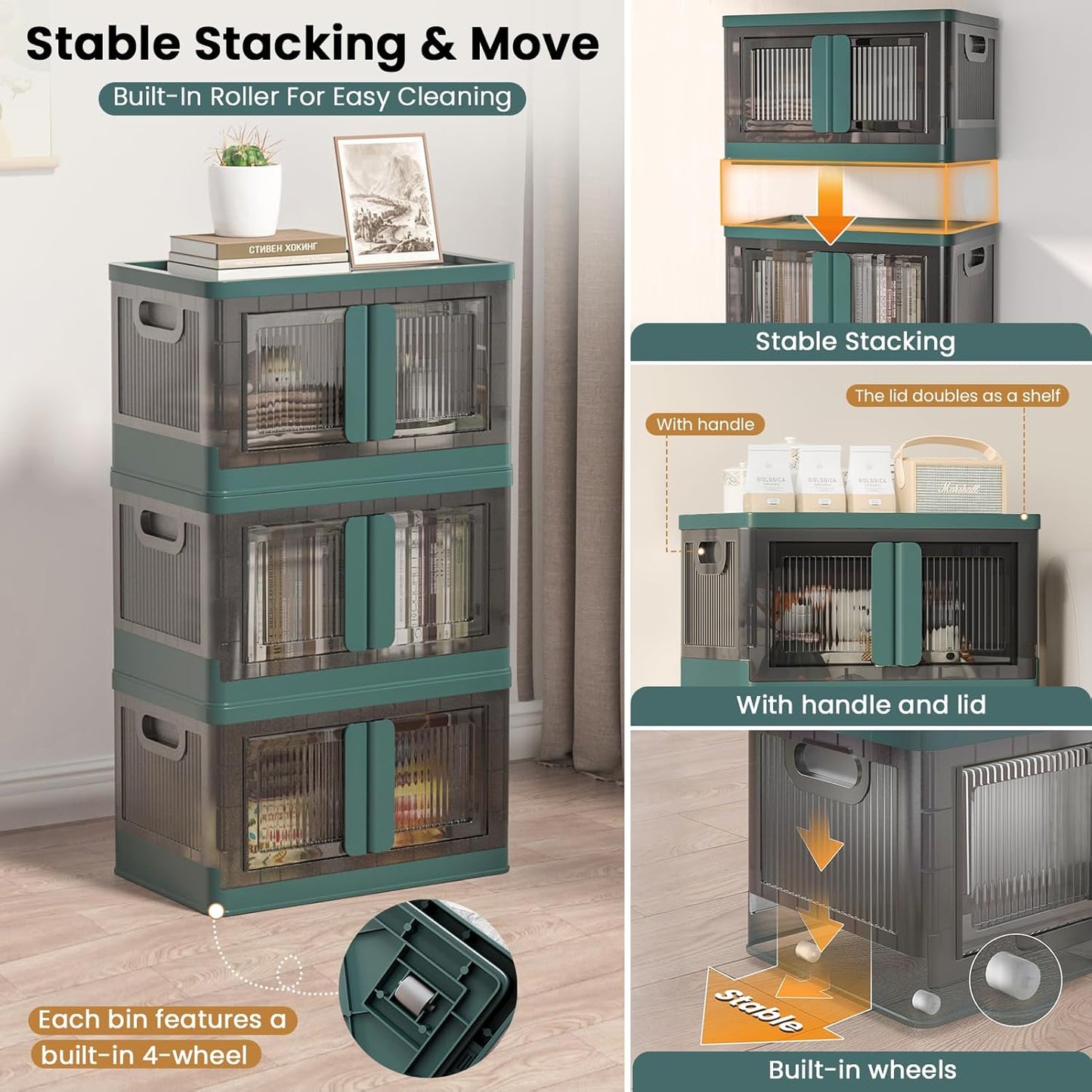 8.4Gal Collapsible Storage Bins with Lids & Wheels - 2 Pack Stackable with Doors, Heavy-Duty Plastic Containers for Home/Office, Green