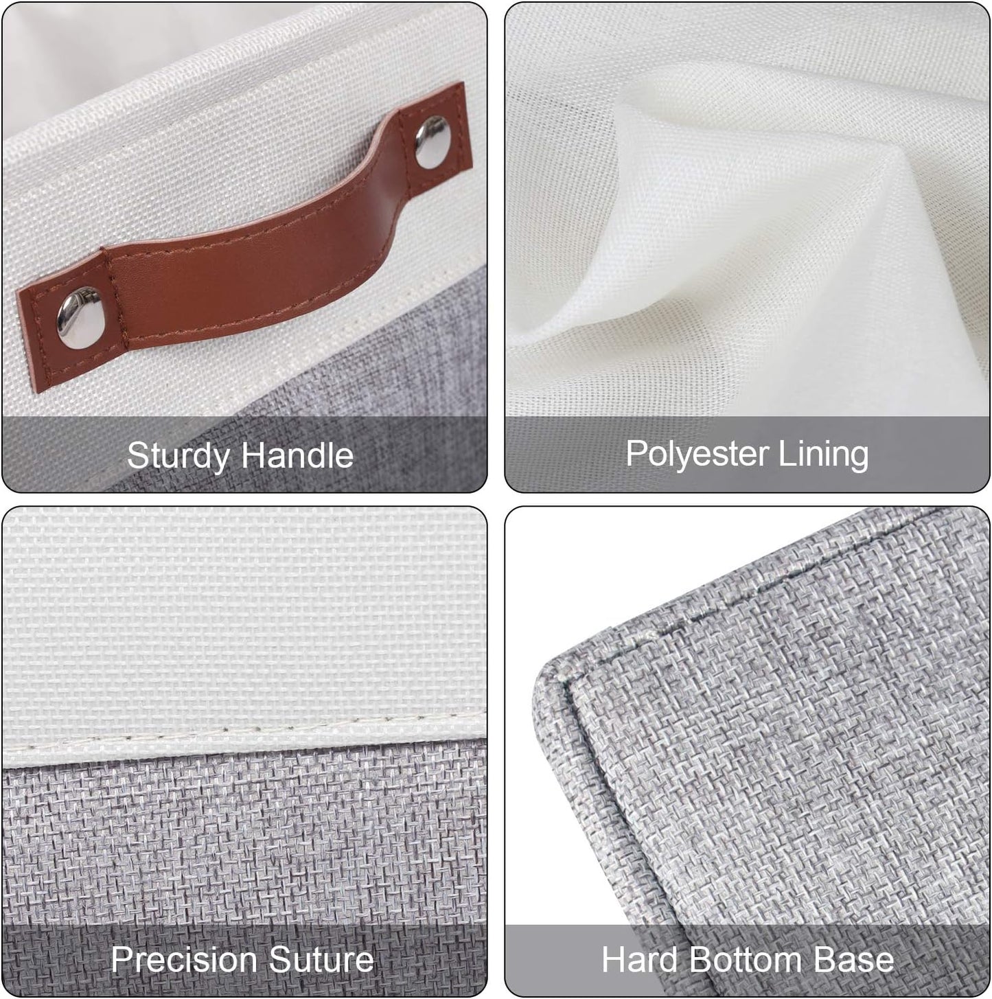 Univivi 15 inch Large Storage Baskets 4PC Gray Hard Bottom Foldable Storage Bins with PU Handles for Shelf Rectangle Fabric Baskets for Organizing (15”X10.5”X9.5”)