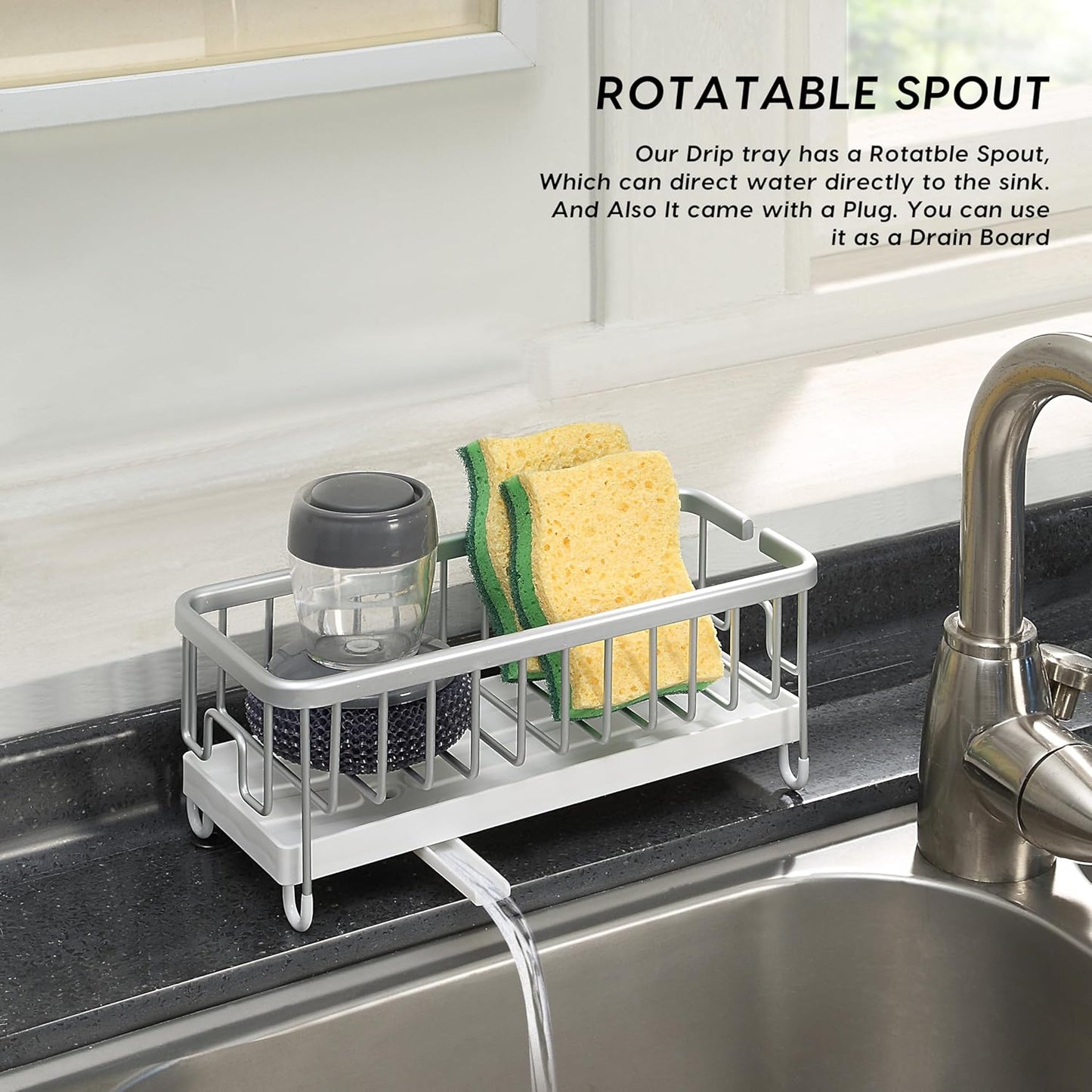 SunnyPoint Never Rust Aluminum Utensil, Sink Cleaning Tools Holder for Kitchen Sink with Drain Board; Dish Wand, Sponge, Soap Dispenser, Utensil Organizer Caddy (SIL)