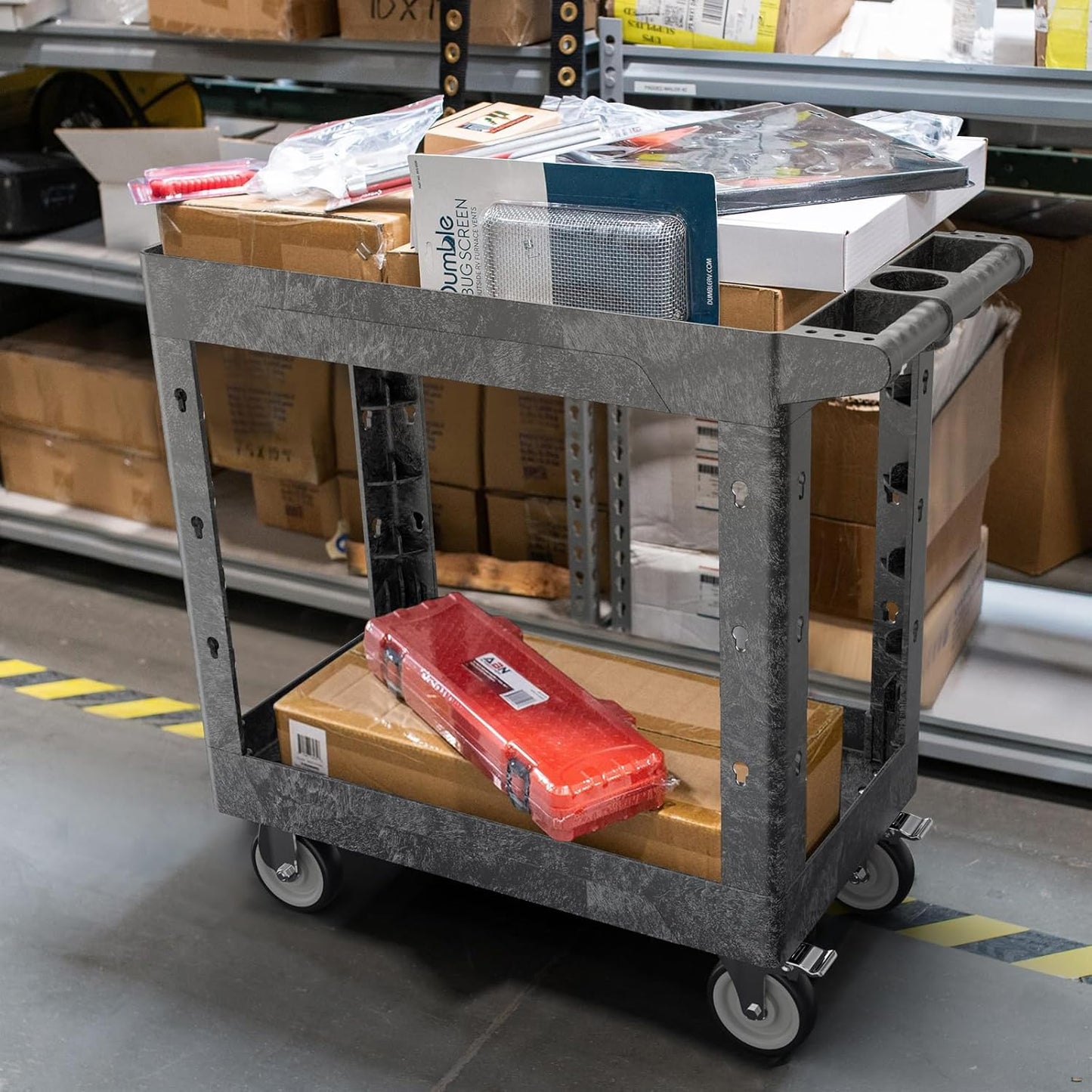 Large Garage Plastic Utility Cart, Heavy Duty 2 Shelf Tool Cart Service Cart Rolling Push Carts with Ergonomic Handle 5" Swivel Casters.