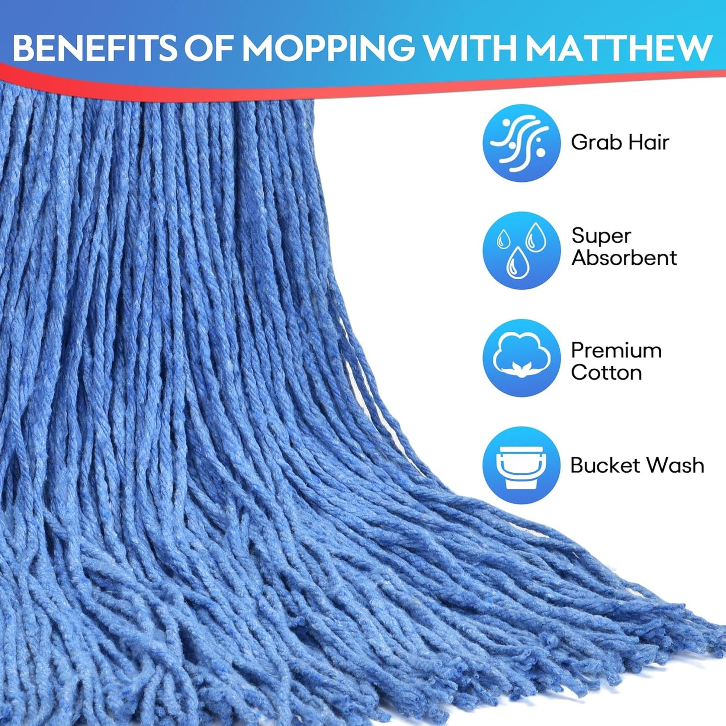 Matthew Cleaning 16oz 6Pack Cotton Floor Mop,Cotton Looped-Open String Heavy Duty String Mop Refills, Universal Headband Blend Mop,Mop Head Replacement for Home, Industrial and Commercial Use(Blue)