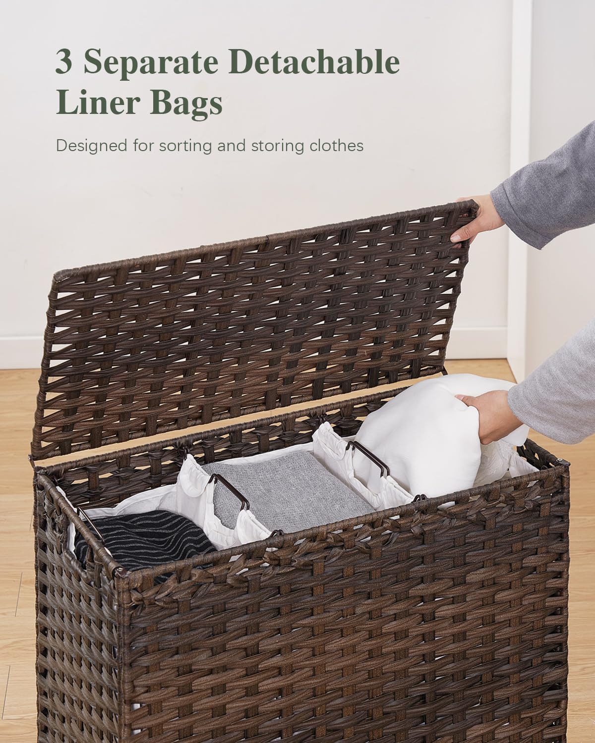 Laundry Hamper with Lid 132 L, (35 Gallons) Clothes Hamper with Lid, Handwoven Rattan Laundry Hamper with Metal Heightened Feet, Laundry Hampers with 3 Removable Liner Bags for Laundry-Brown