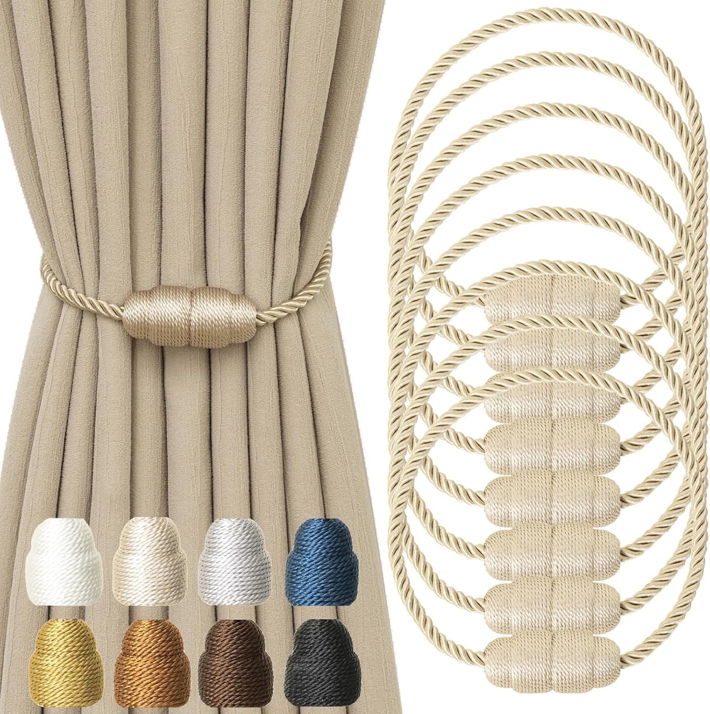 Magnetic Curtain Tiebacks Rope Curtain Tie Backs for Curtains 8 Pack Curtain Holders for Drapes Decorative Window Curtain Holdbacks, Beige