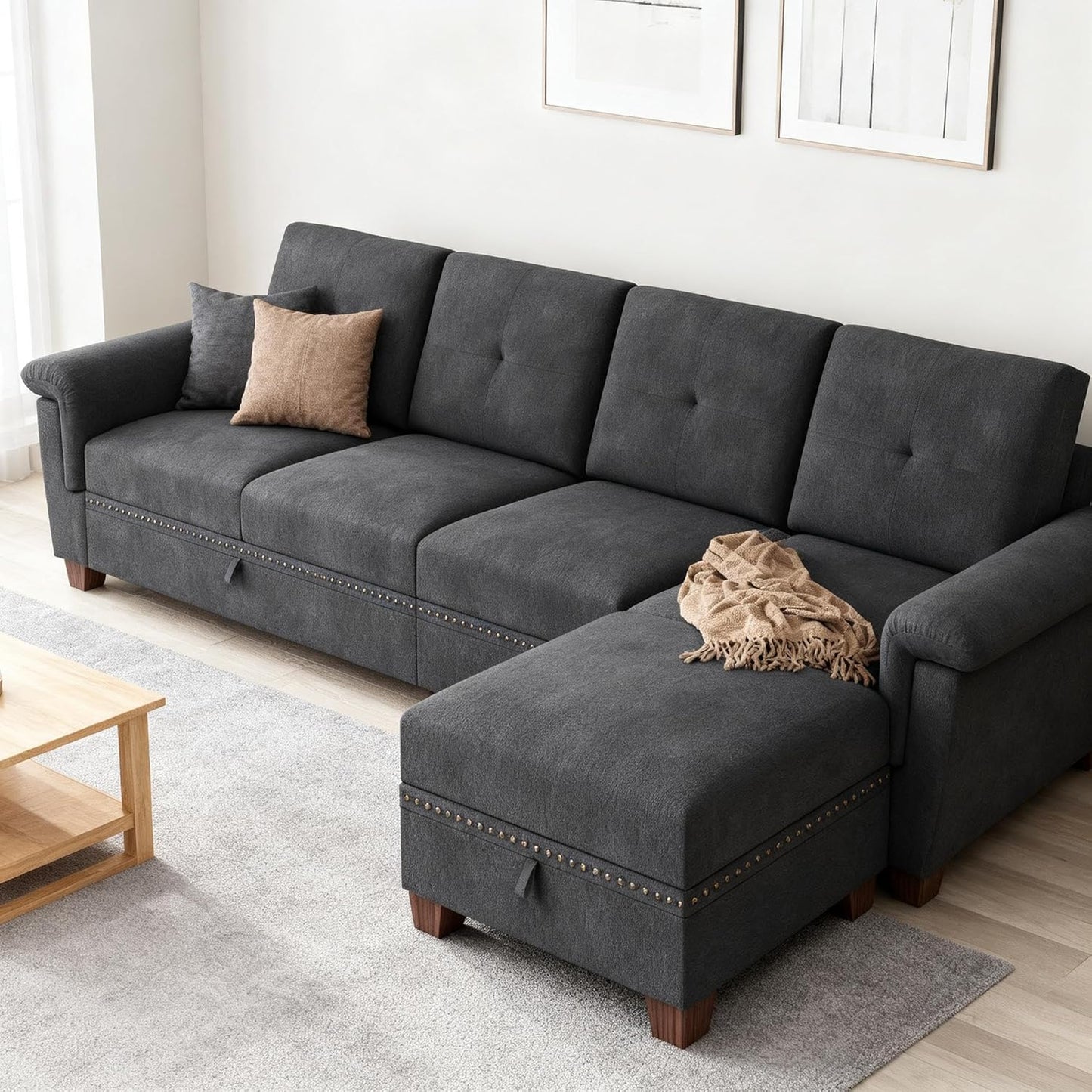 JAMFLY 108" Modular Sectional Sofa with Storage, L Shaped Sofa Couch with Reversible Ottoman, 4-Seat Convertible Sectional Couches with Cup Holders for Living Room, Apartment, Black