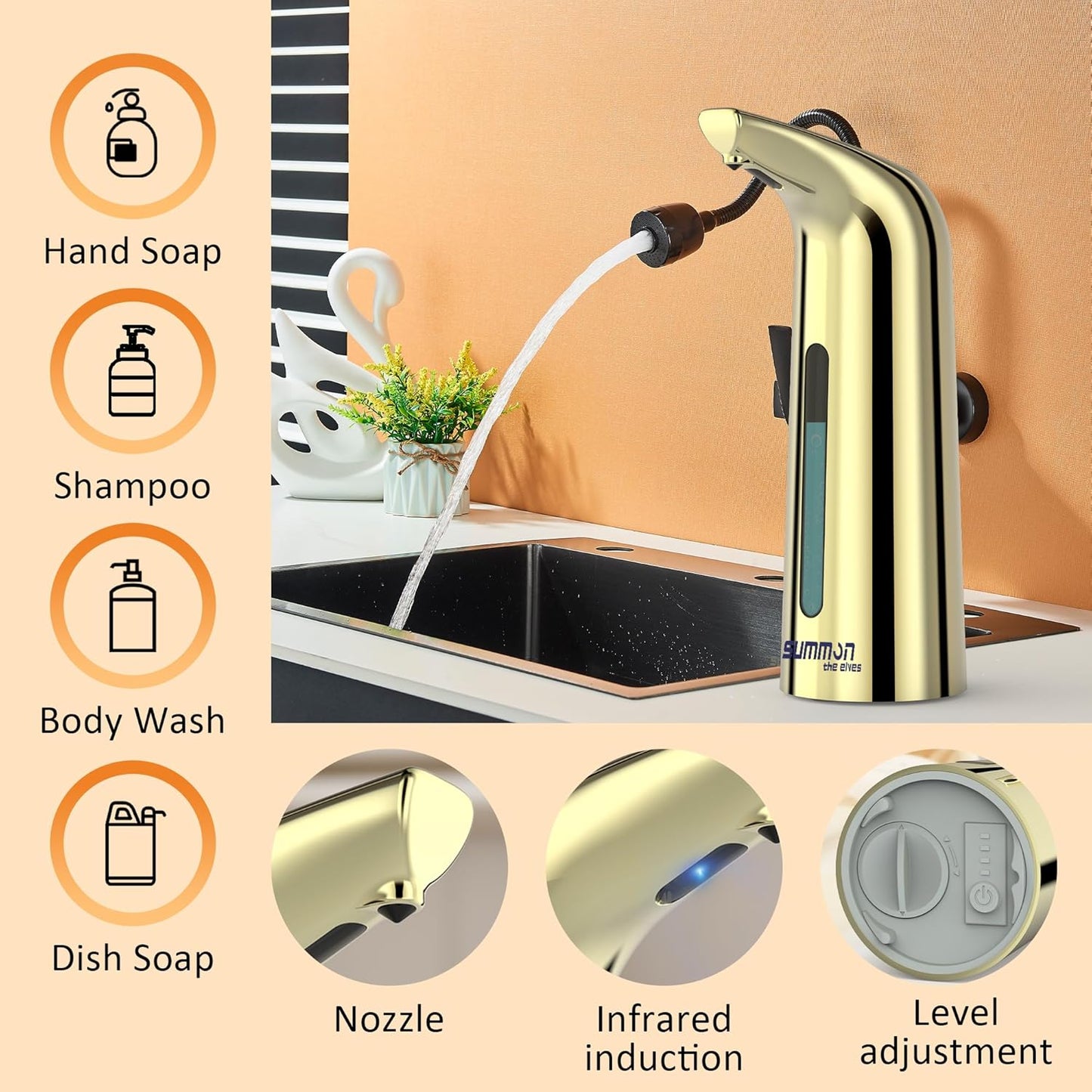 Automatic Liquid Soap Dispenser Touchless,400ML Hand & Dish Countertop Gold Electric Dispenser with Sensor,Modern 4 Gear Adjustable Waterproof Battery Operated Kitchen Auto Soap Pump