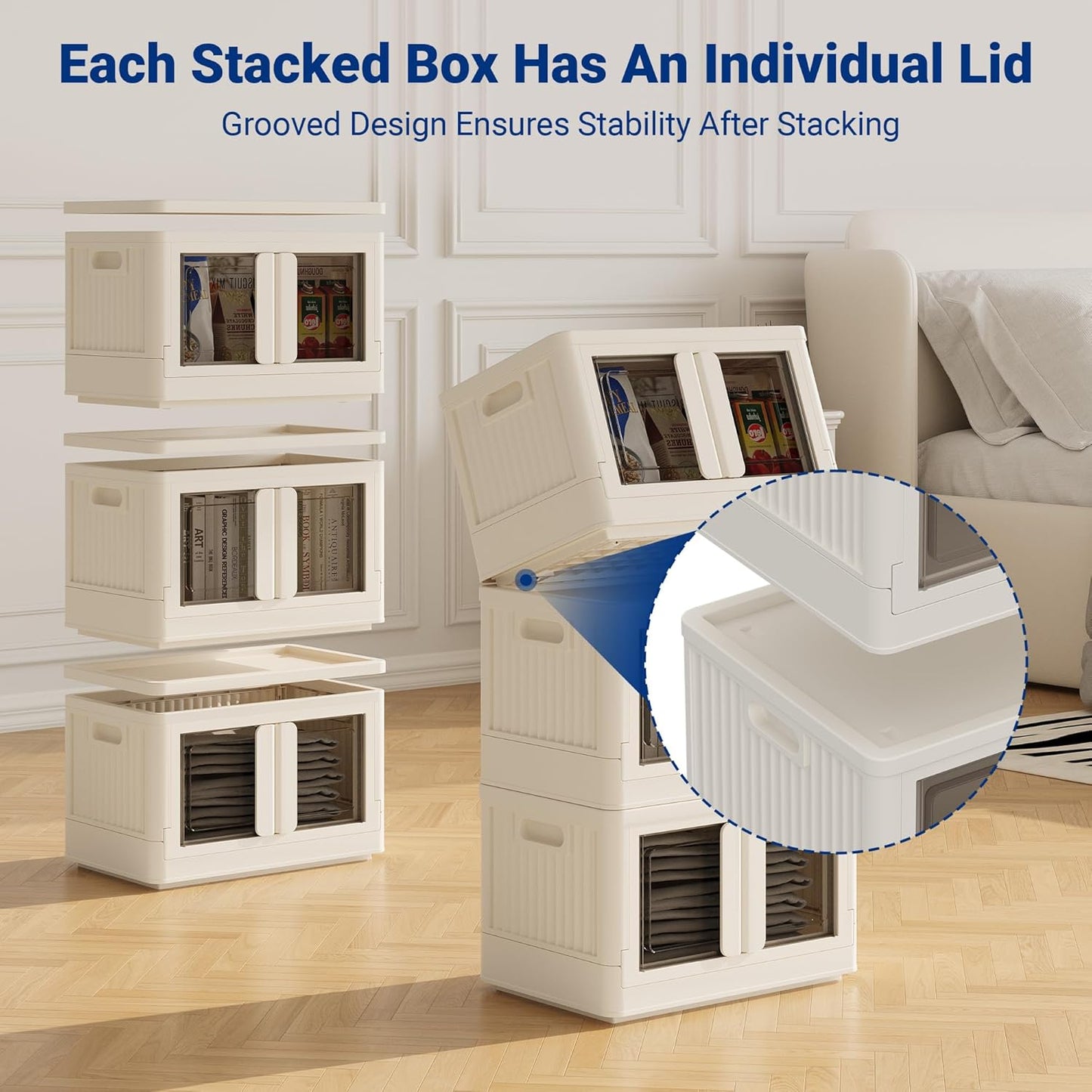 FLEXIMOUNTS 75 QT Stackable Storage Bins With Lids, Collapsible Plastic Storage Bins, Closet Organizers and Storage Containers with Doors and Built-in Wheels For Home, 2 Pack Cubes, Milky White